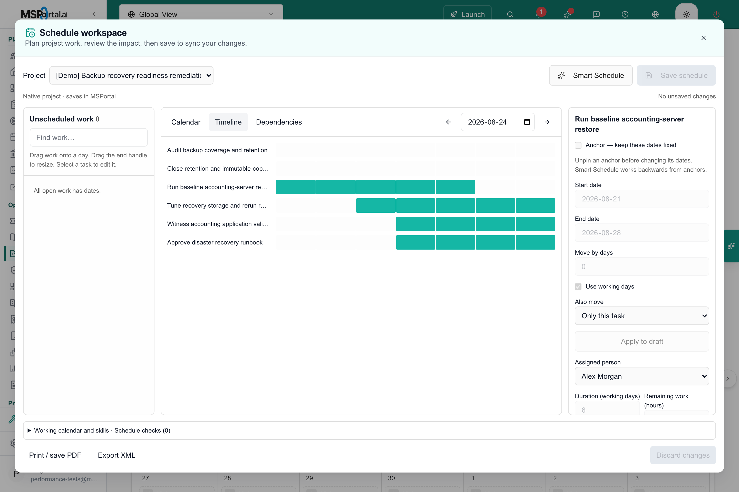 Selected completed project task with dates, assigned person and scheduling fields
