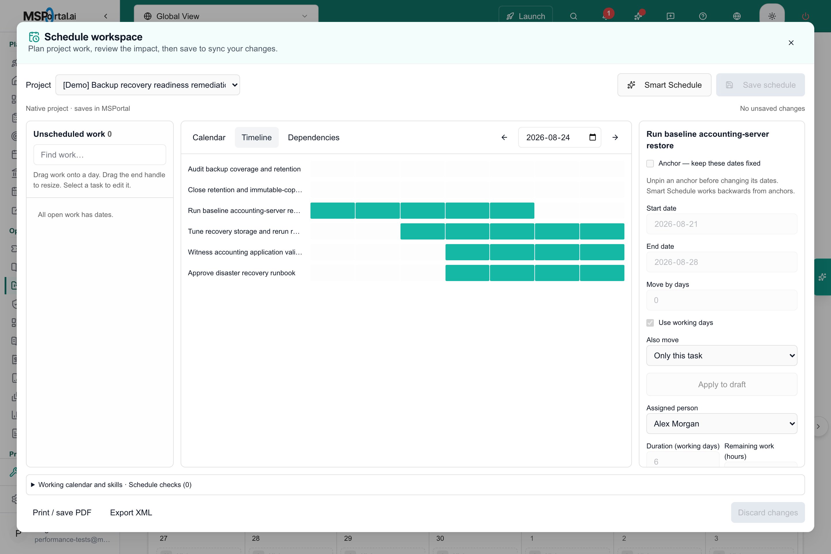 Selected completed project task with dates, assigned person and scheduling fields