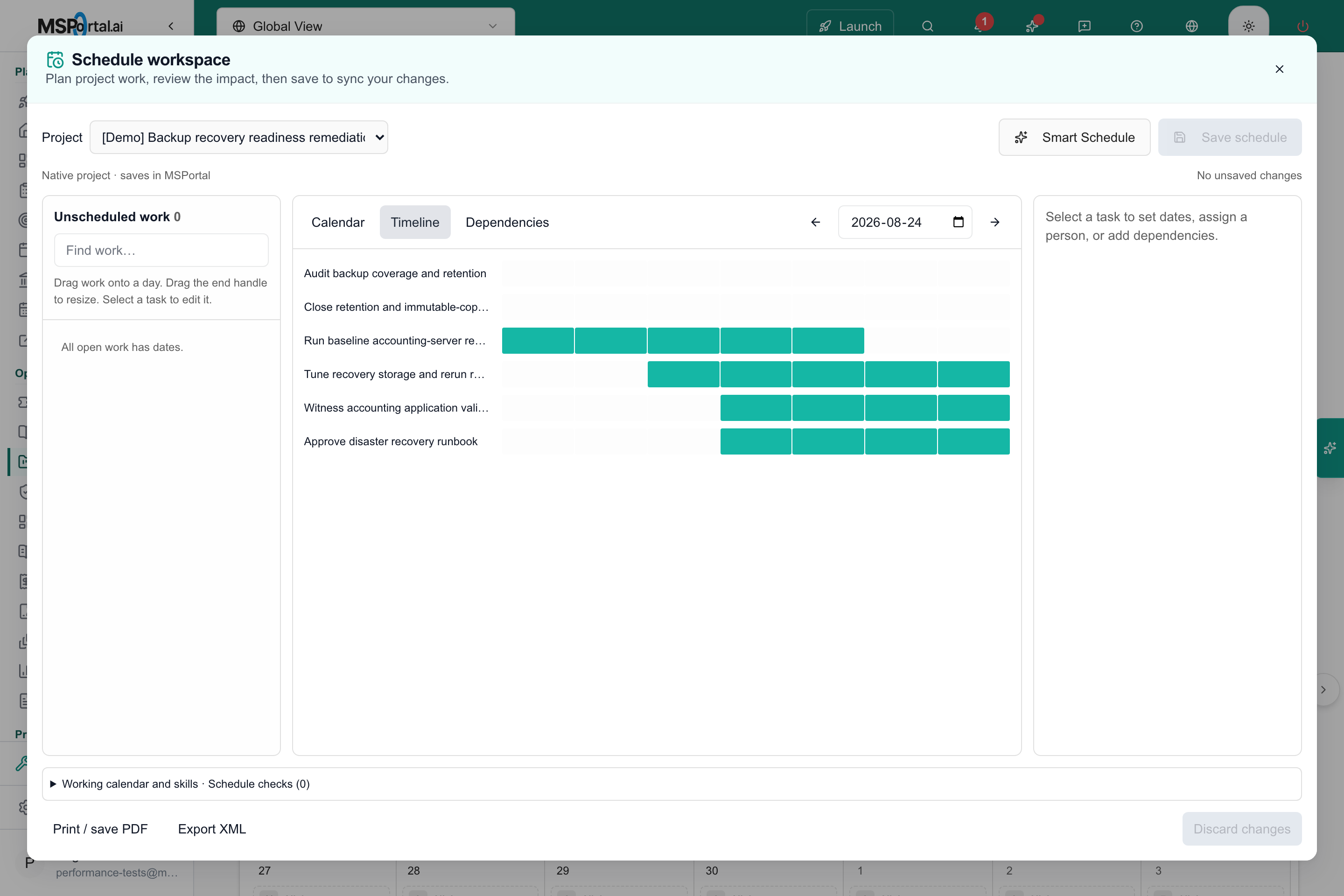 Project task rows with bars spanning their scheduled days