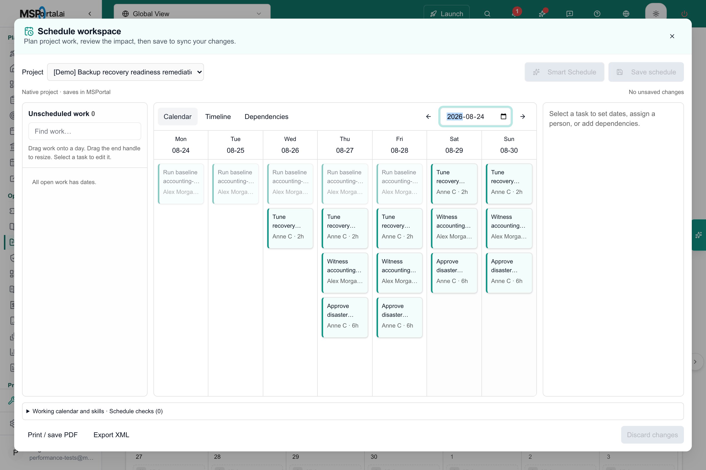 Project tasks arranged across the selected week in the Schedule workspace