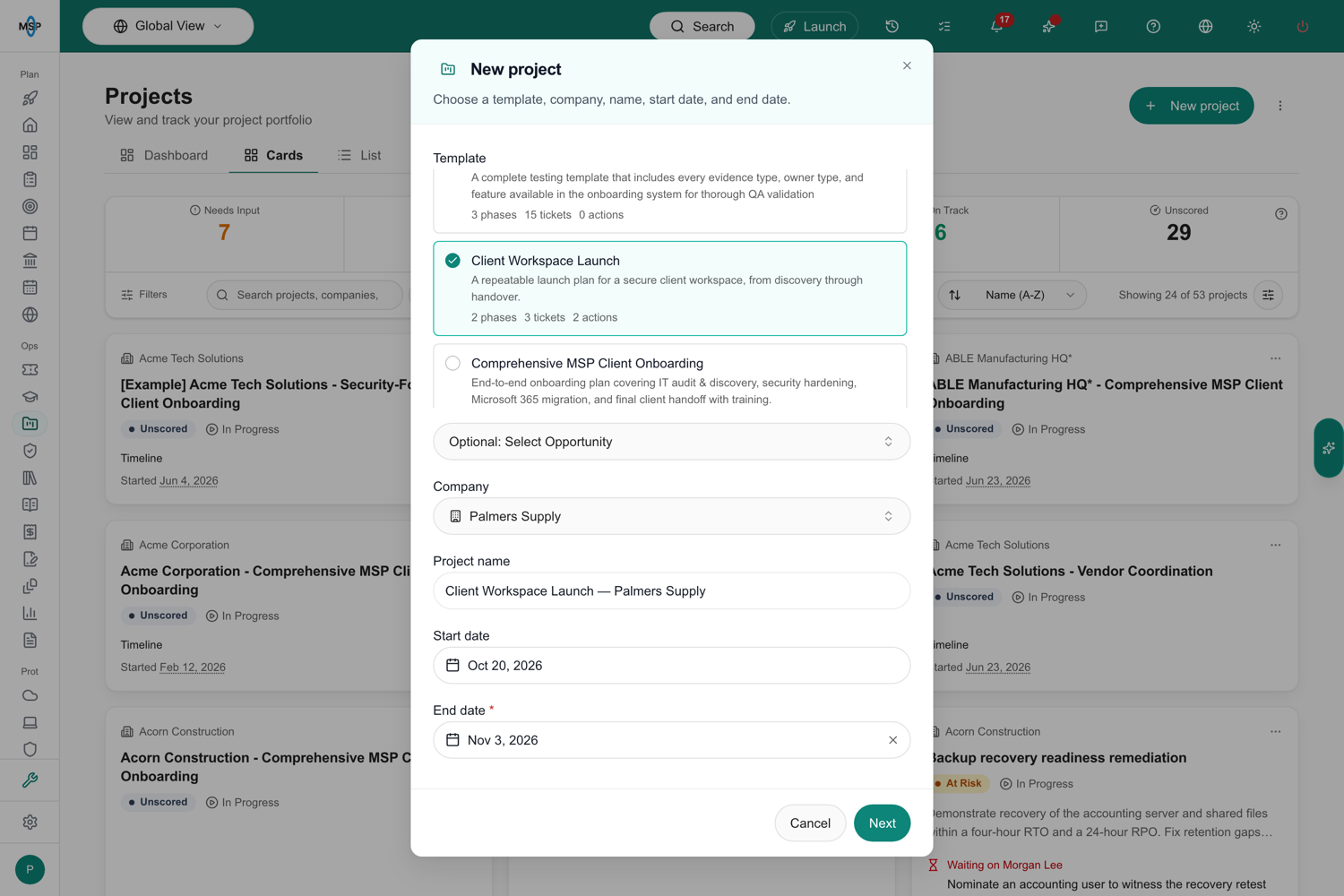 New project wizard with the Client Workspace Launch template selected, a company and project name filled in, a Start date of Oct 20, 2026 and an End date of Nov 3, 2026.