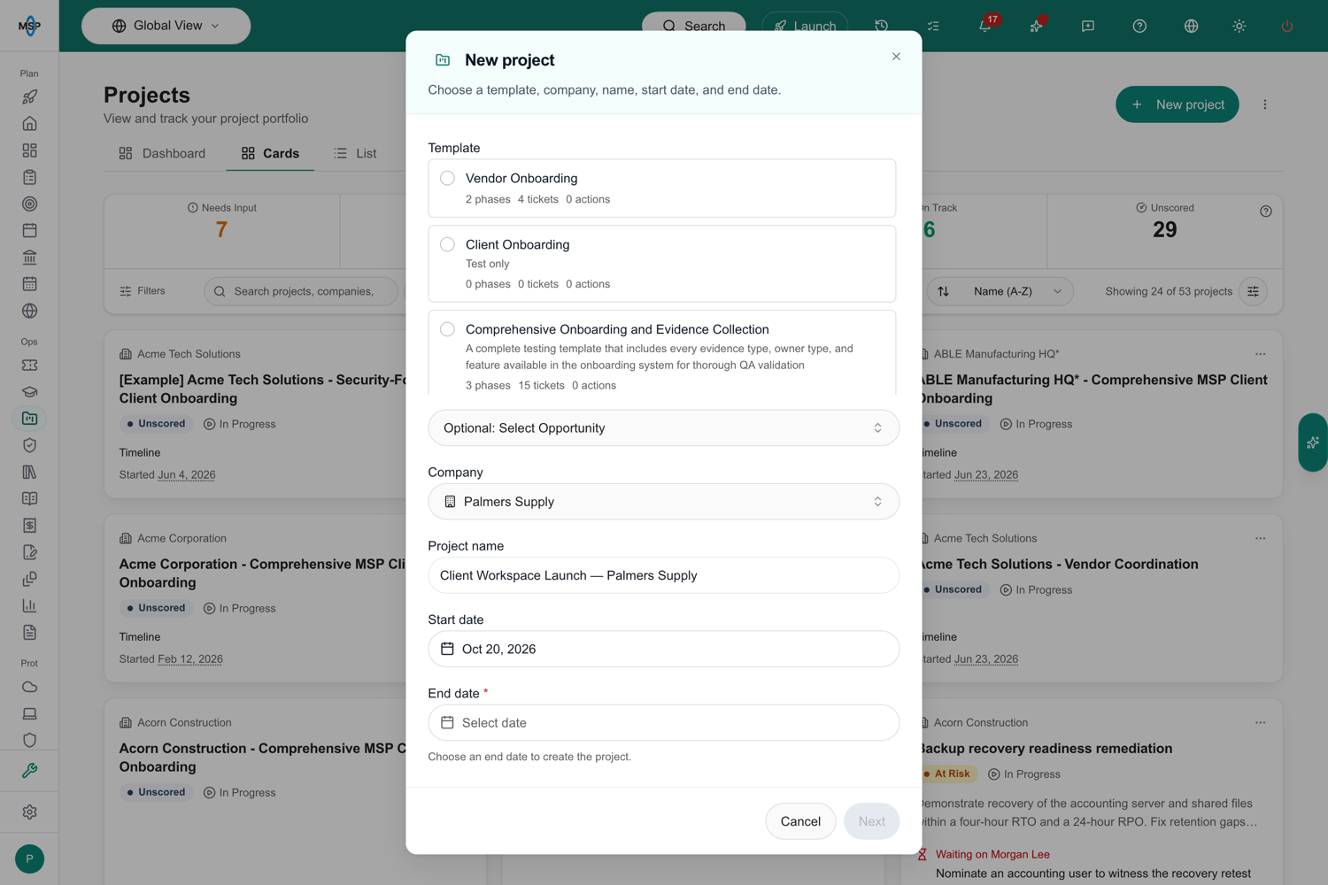 New project wizard with the End date field empty, the hint Choose an end date to create the project below it, and the Next button turned off.