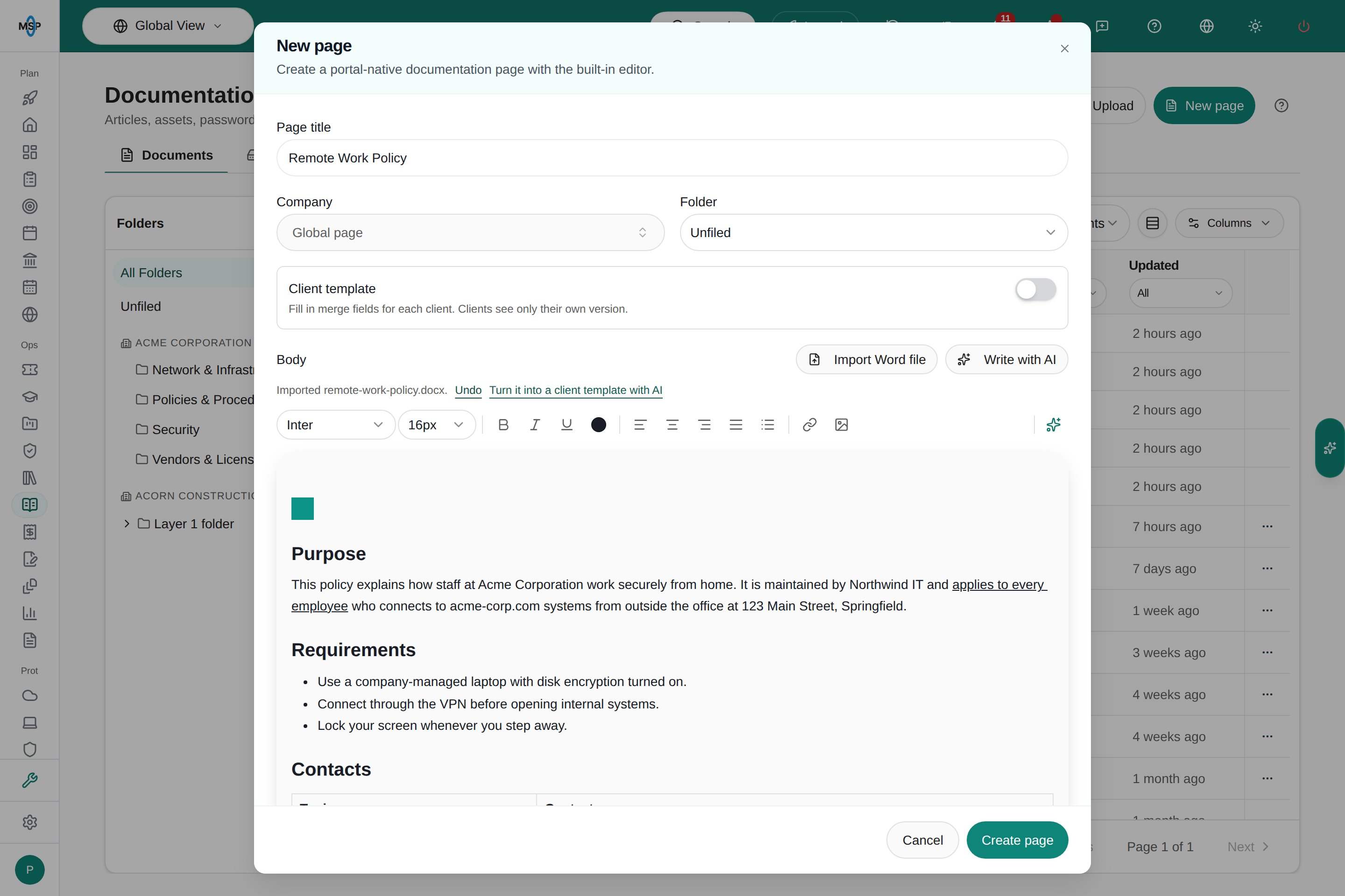 New page editor after importing remote-work-policy.docx, with the Imported status line, Undo, Turn it into a client template with AI, and the converted policy in the body.