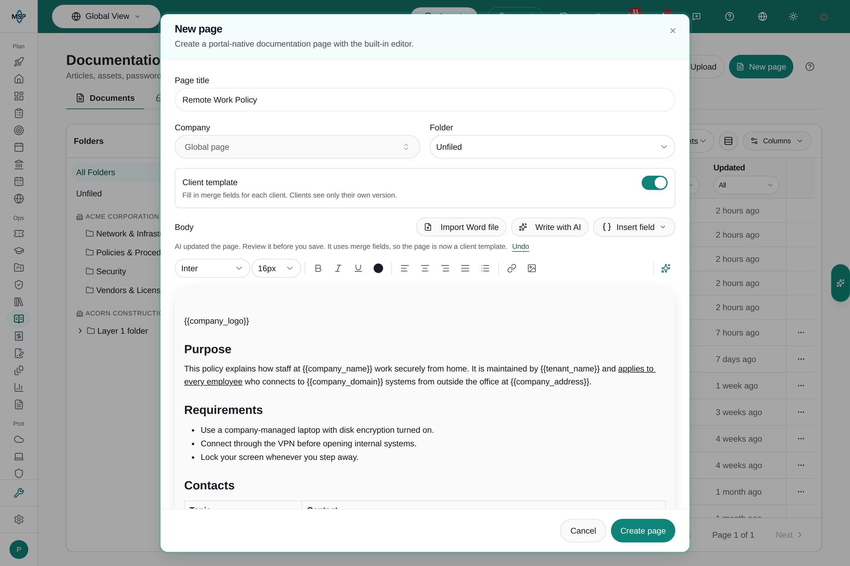 New page editor after Write with AI: the Client template switch is on, the AI prompt offers Make it a client template and Tidy the formatting, and the body shows company_logo, company_name and tenant_name merge fields.