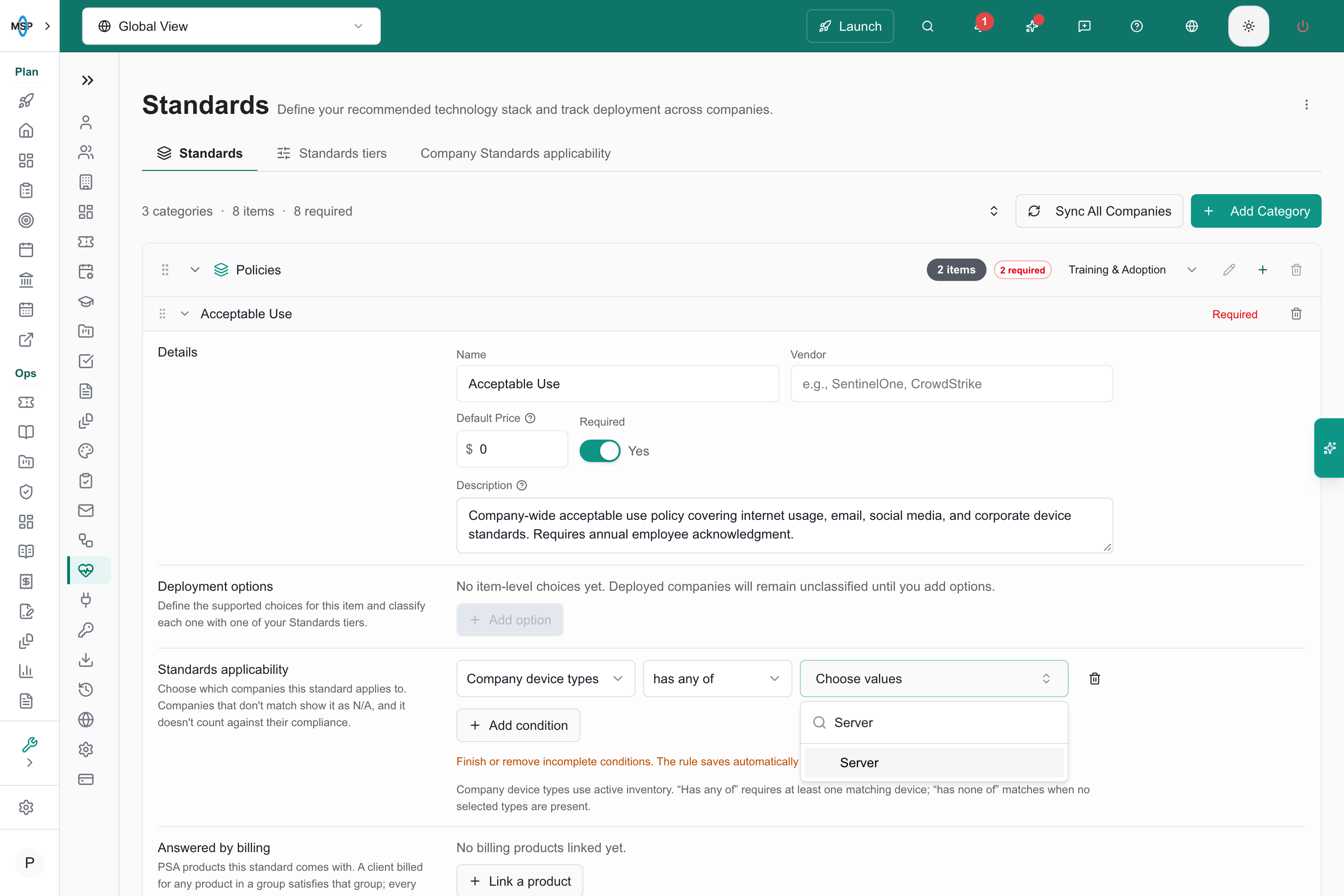 Authenticated editor showing the Company device types condition and its available values.