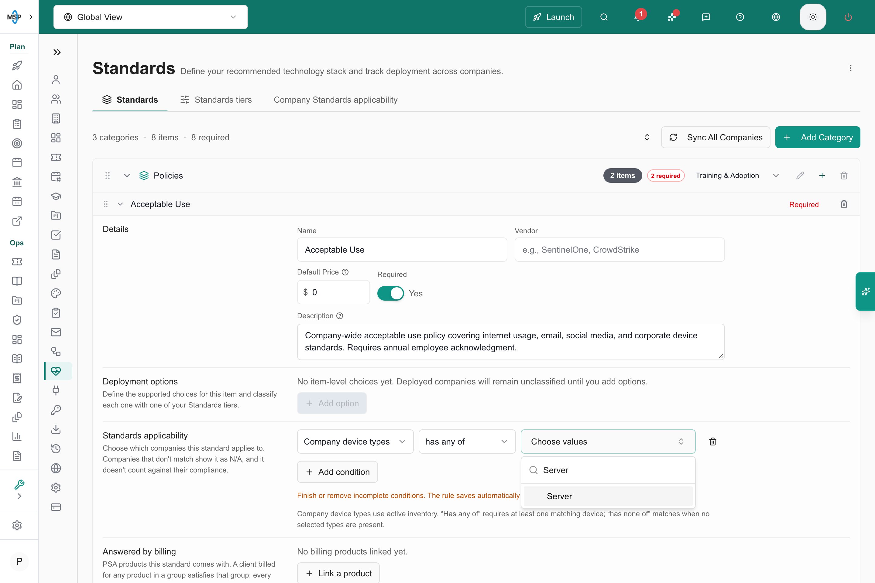 Authenticated editor showing the Company device types condition and its available values.