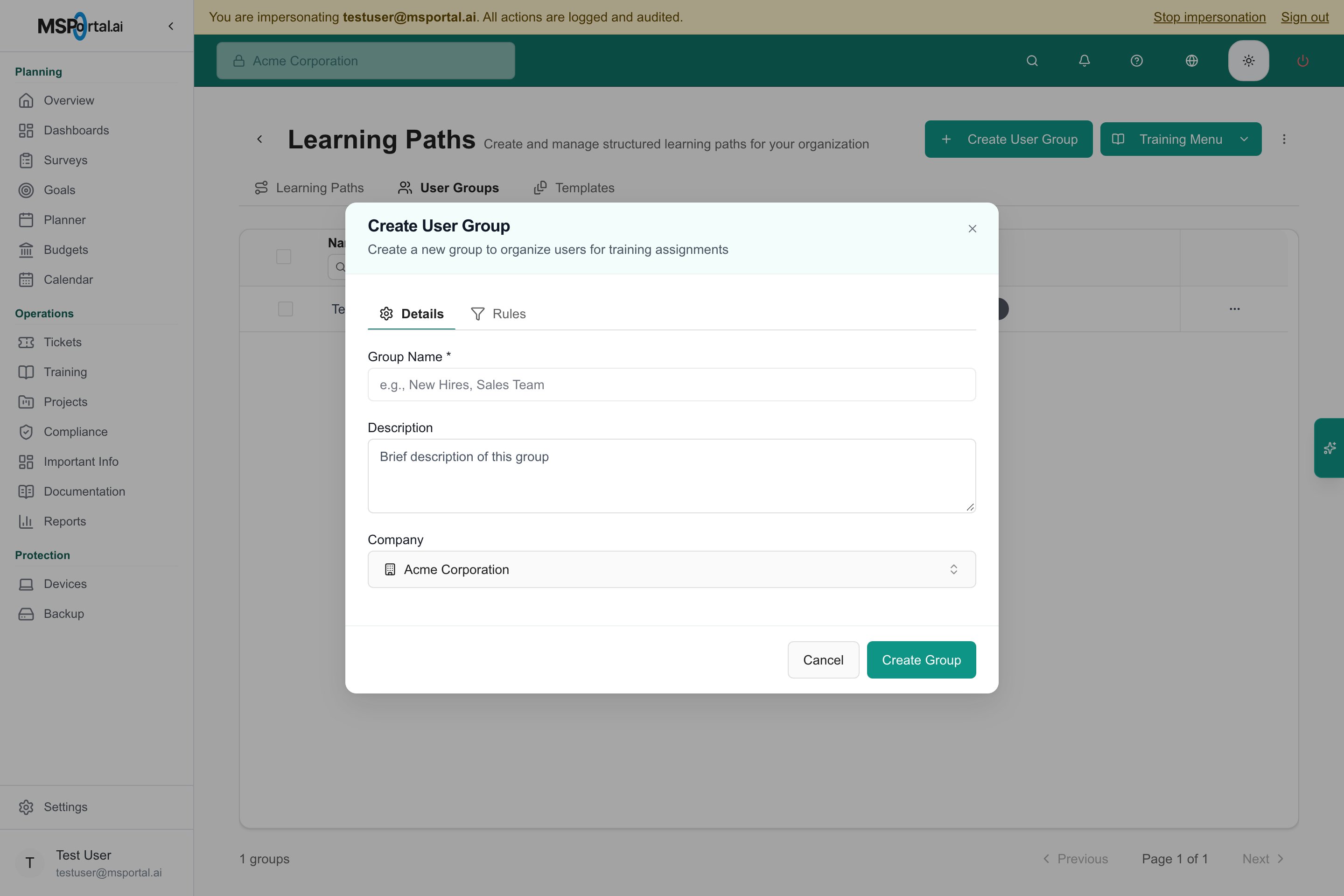 Company administrator Create User Group dialog with Acme Corporation selected and no tenant-wide switch.
