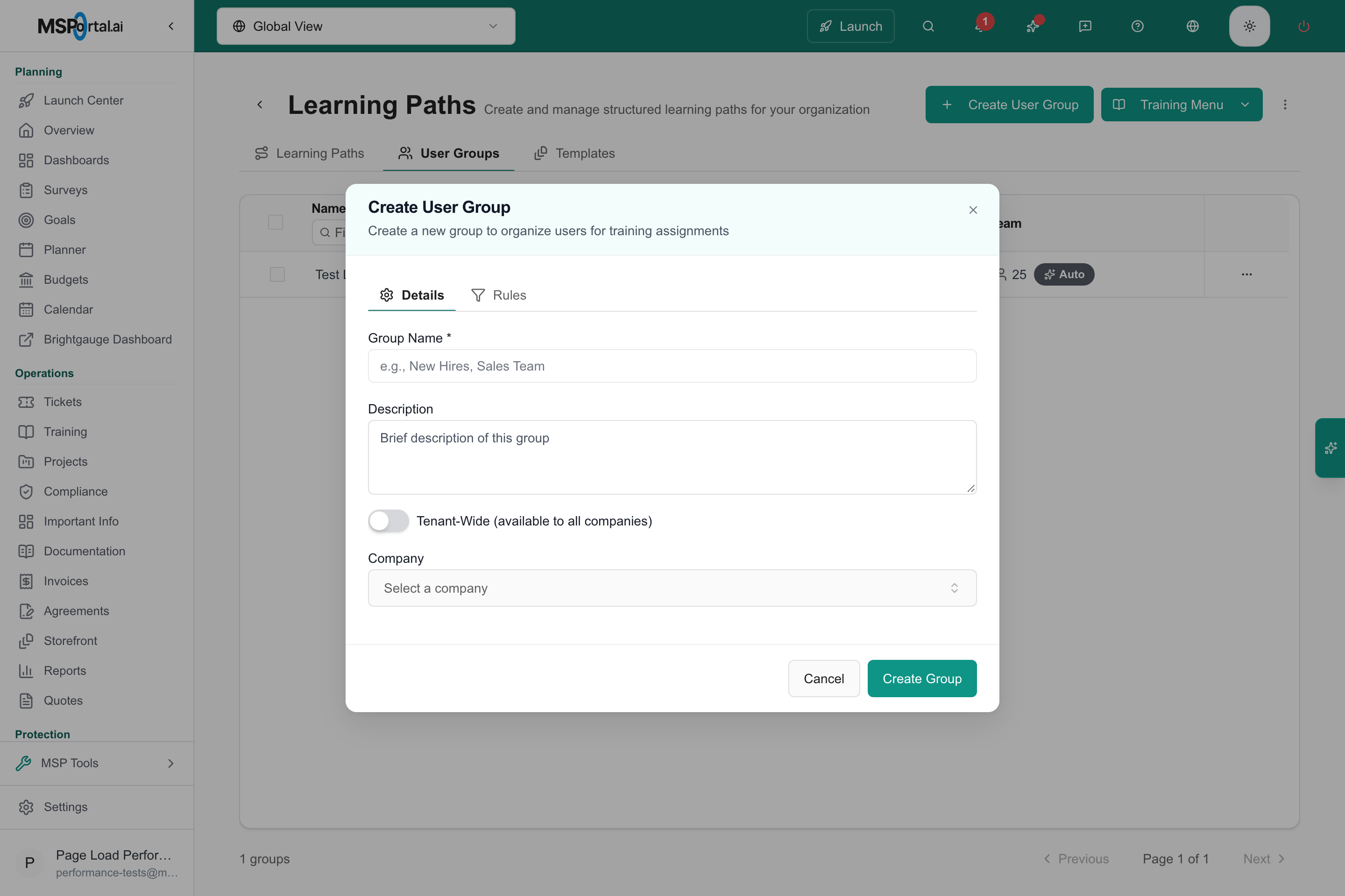 MSP staff Create User Group dialog with the tenant-wide switch and company selector.