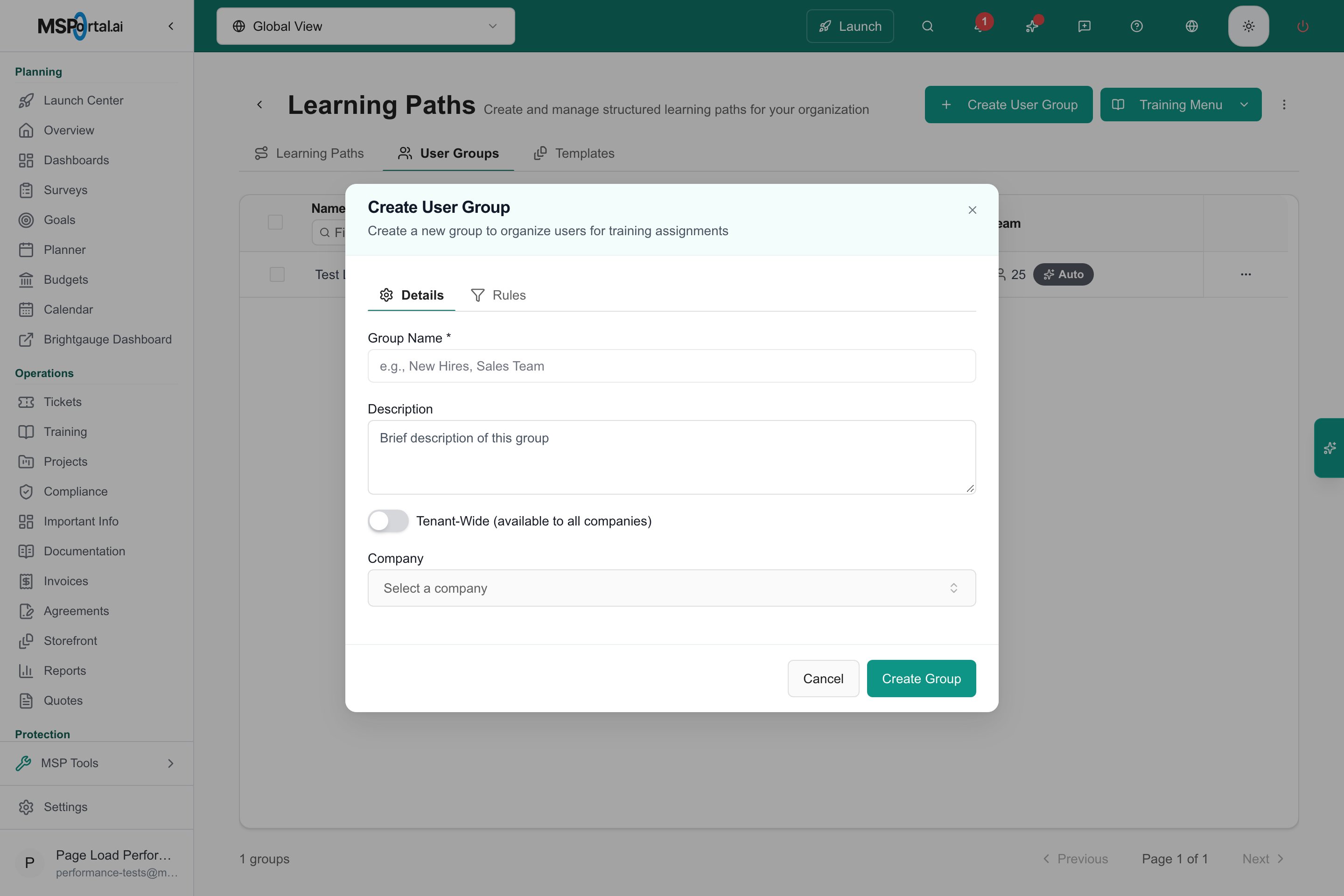 MSP staff Create User Group dialog with the tenant-wide switch and company selector.
