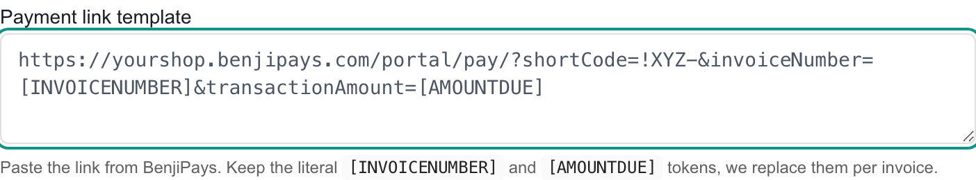 BenjiPays setup page with the Payment link template field and the required [INVOICENUMBER] and [AMOUNTDUE] tokens