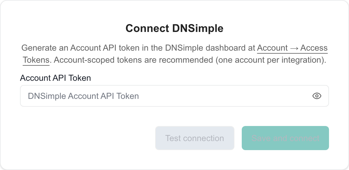 Blank DNSimple account-token form with separate Test connection and Save and connect controls.