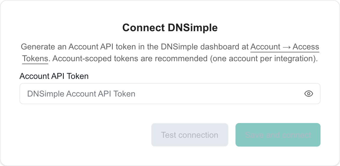 Blank DNSimple account-token form with separate Test connection and Save and connect controls.