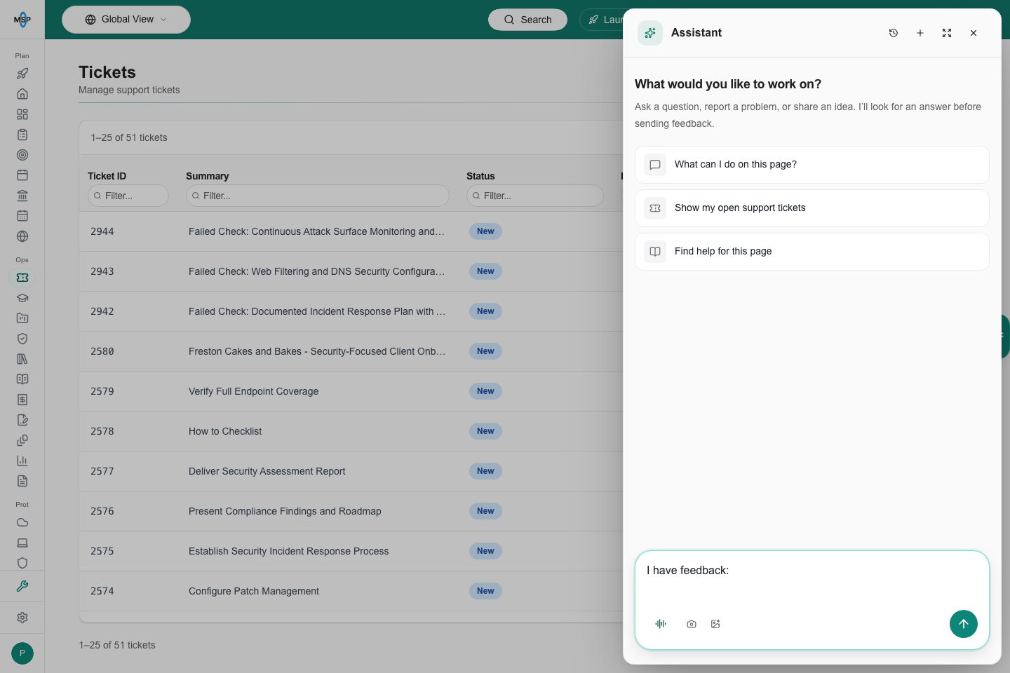 Assistant with I have feedback prefilled and guidance that it looks for an answer before sending feedback