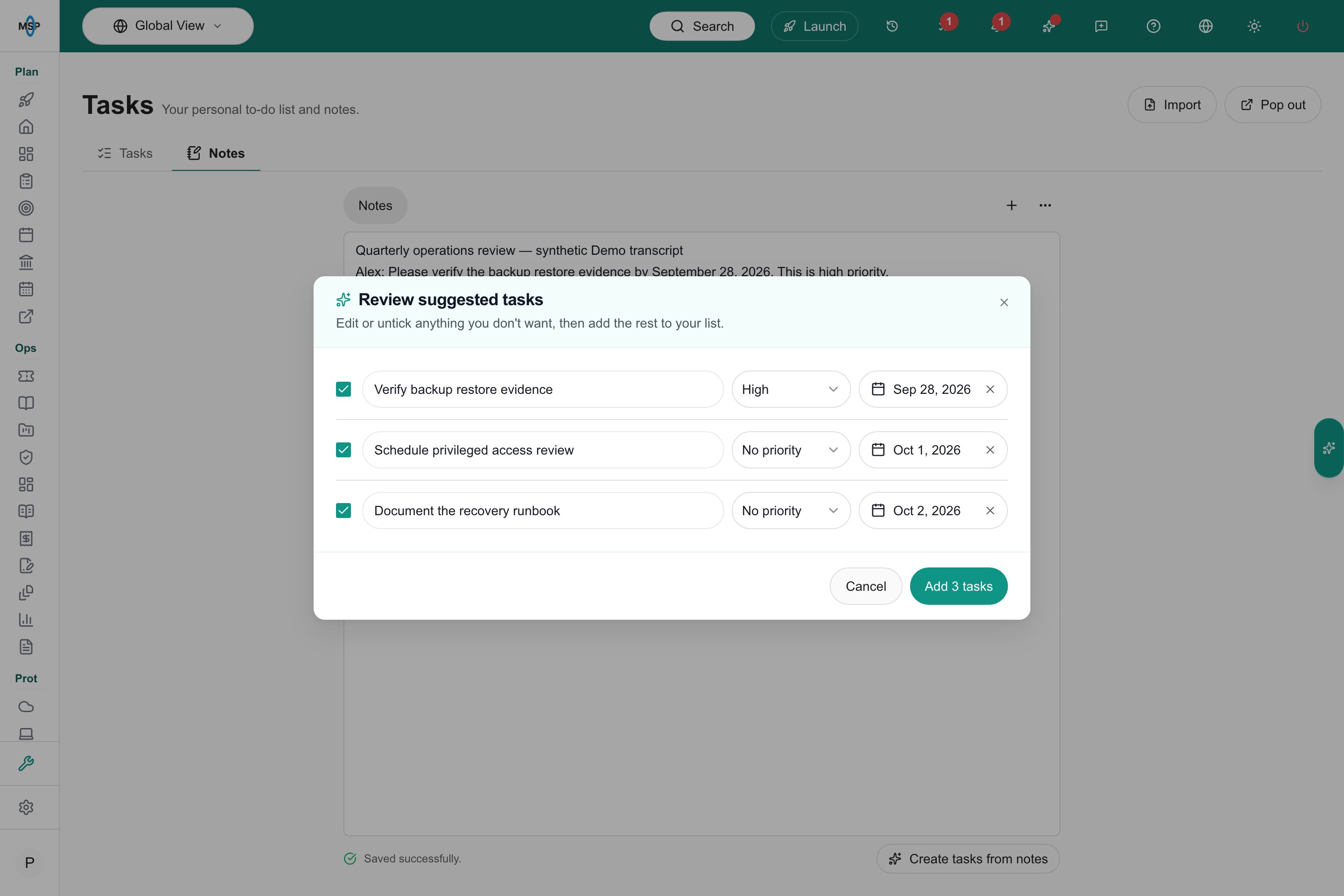 Review suggested tasks with editable titles, priorities, dates and include checkboxes