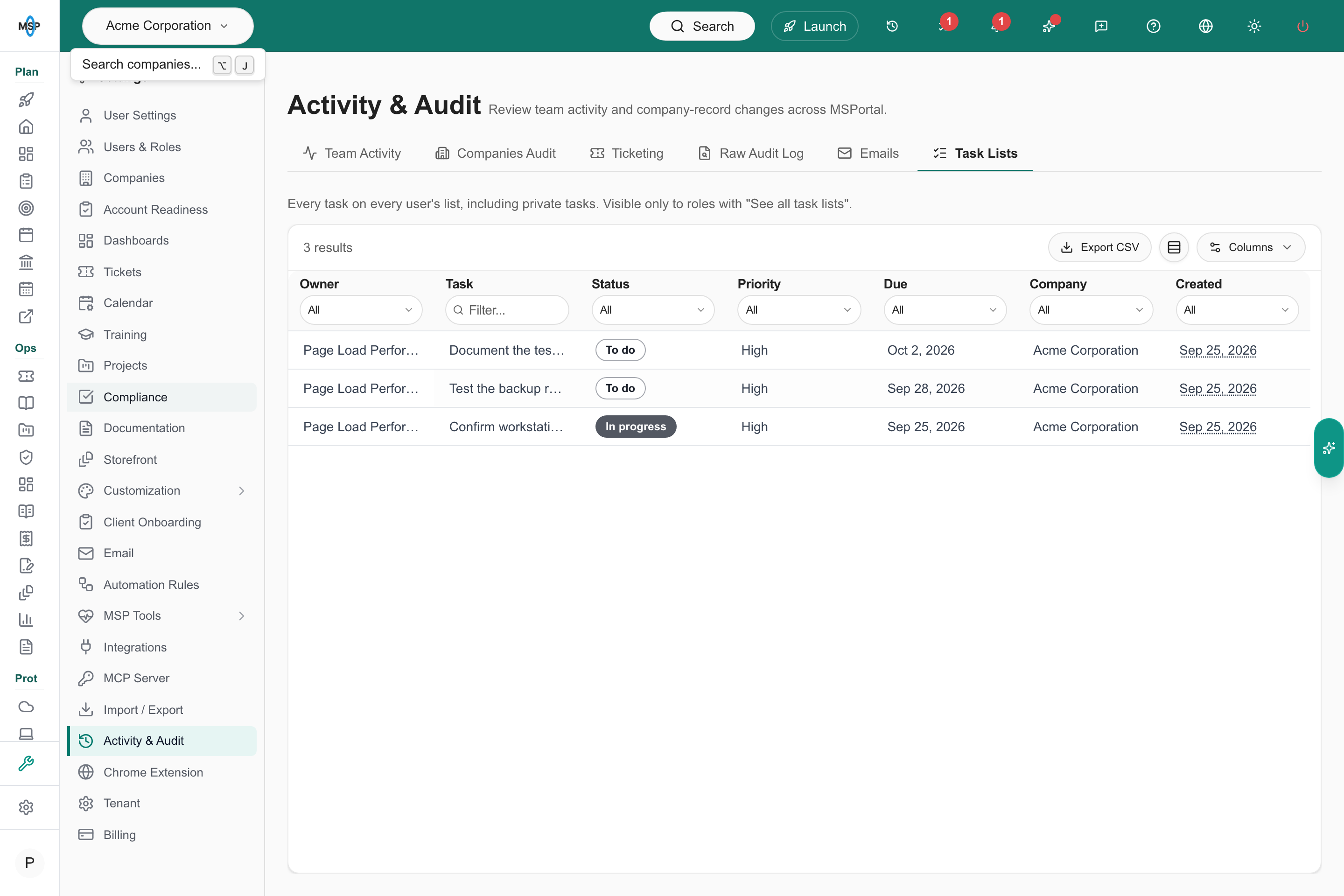 Task audit scoped to Acme Corporation