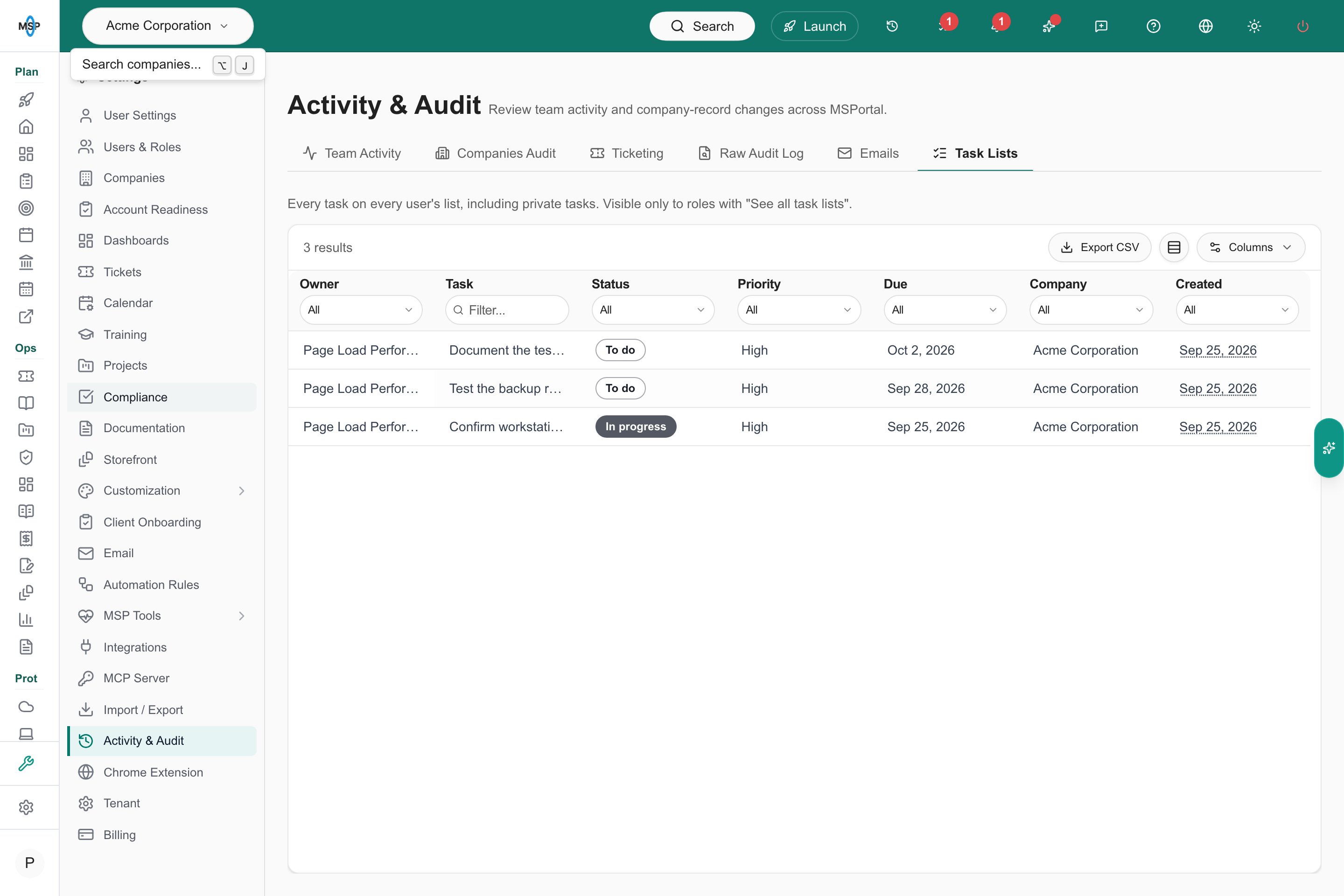 Task audit scoped to Acme Corporation