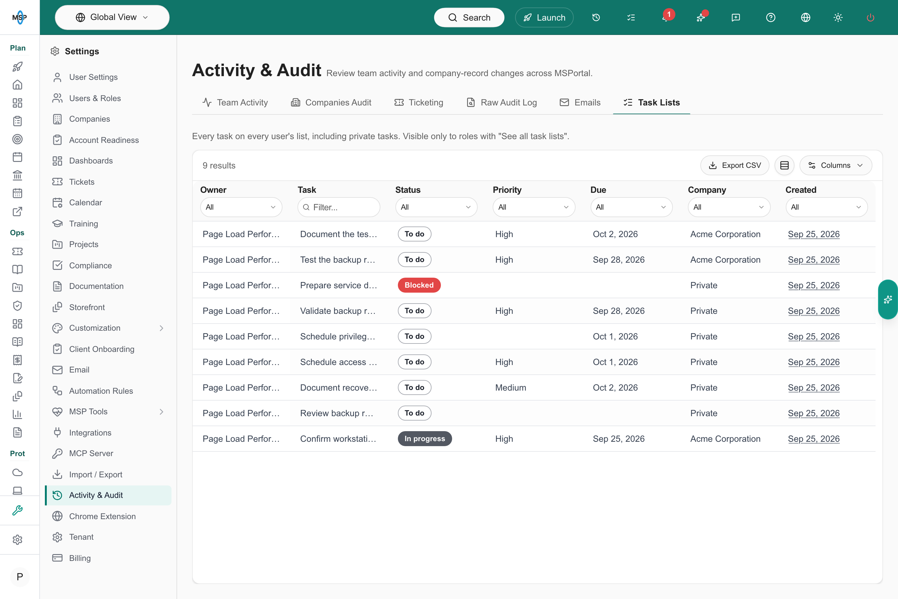 Read-only task-list audit with owner, company and status columns