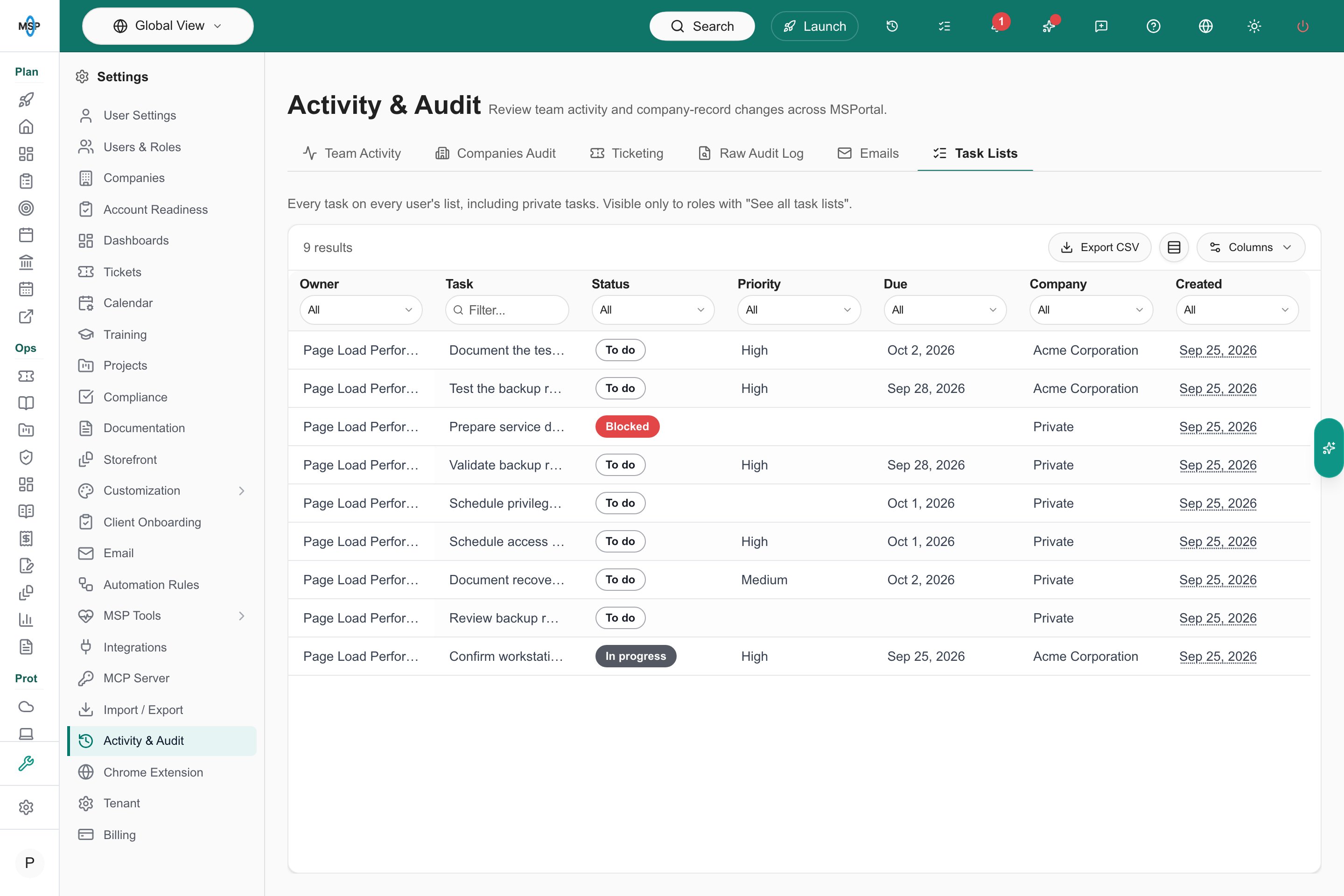 Read-only task-list audit with owner, company and status columns