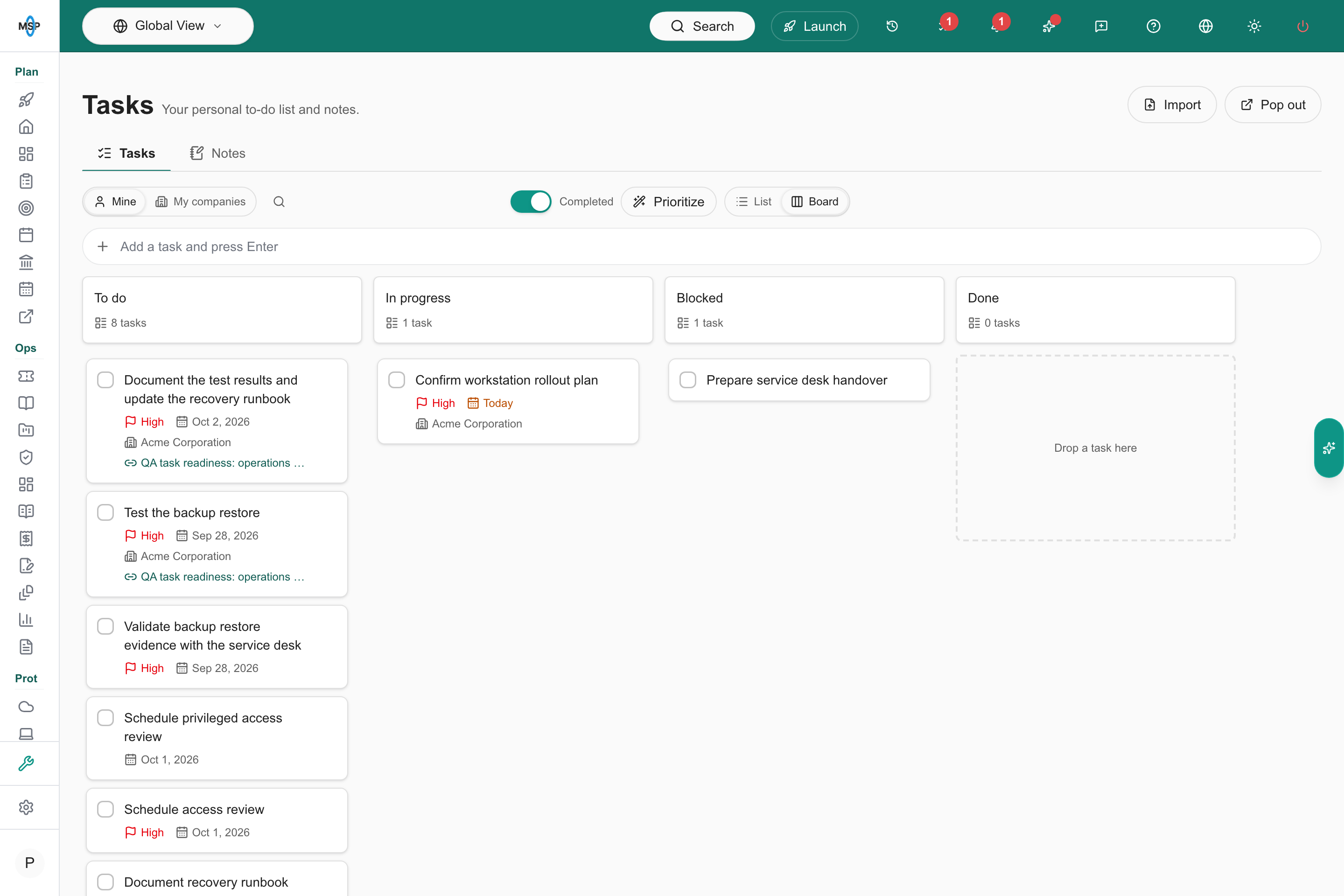 Task board with four status columns