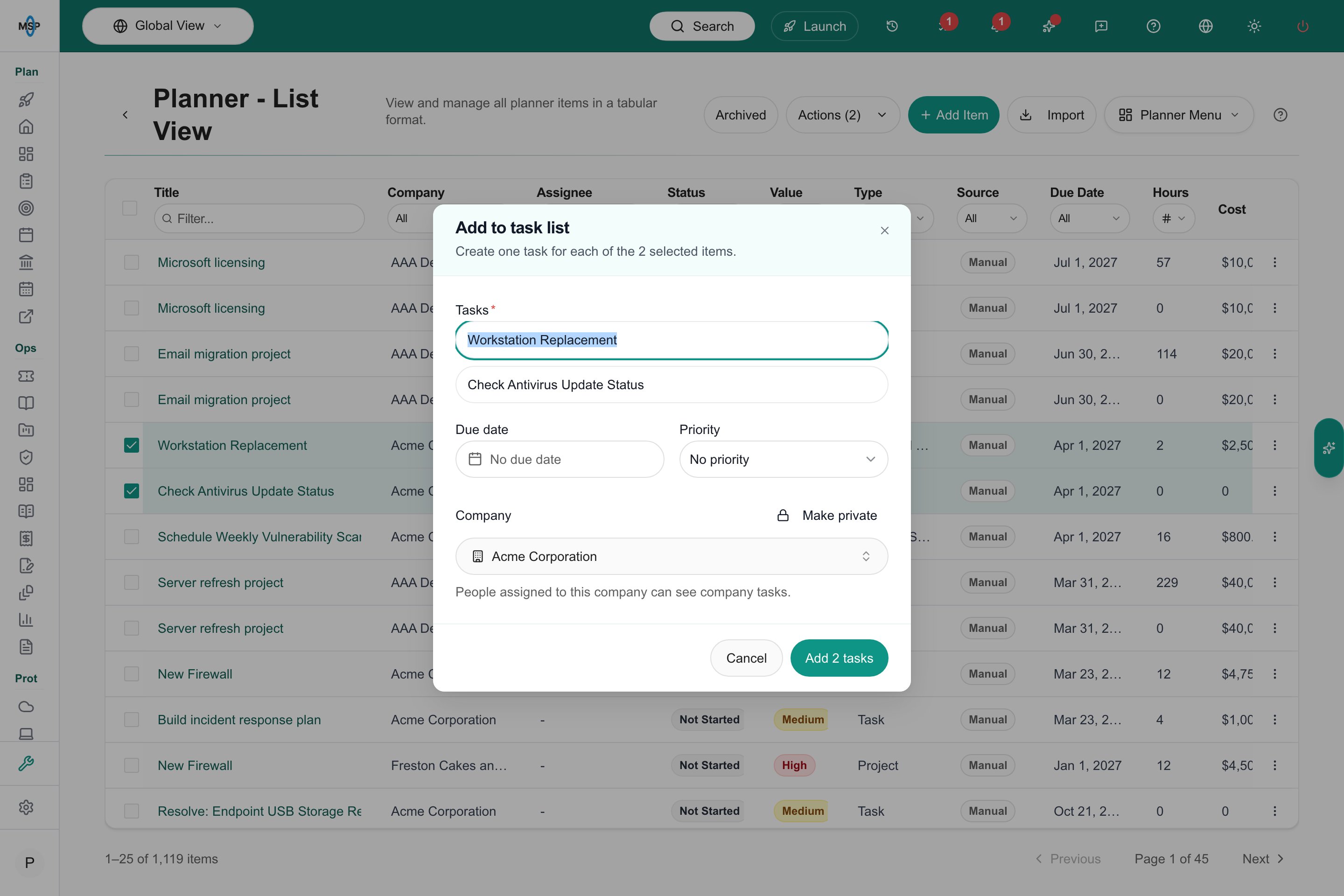 Add to task list dialog for selected portal items