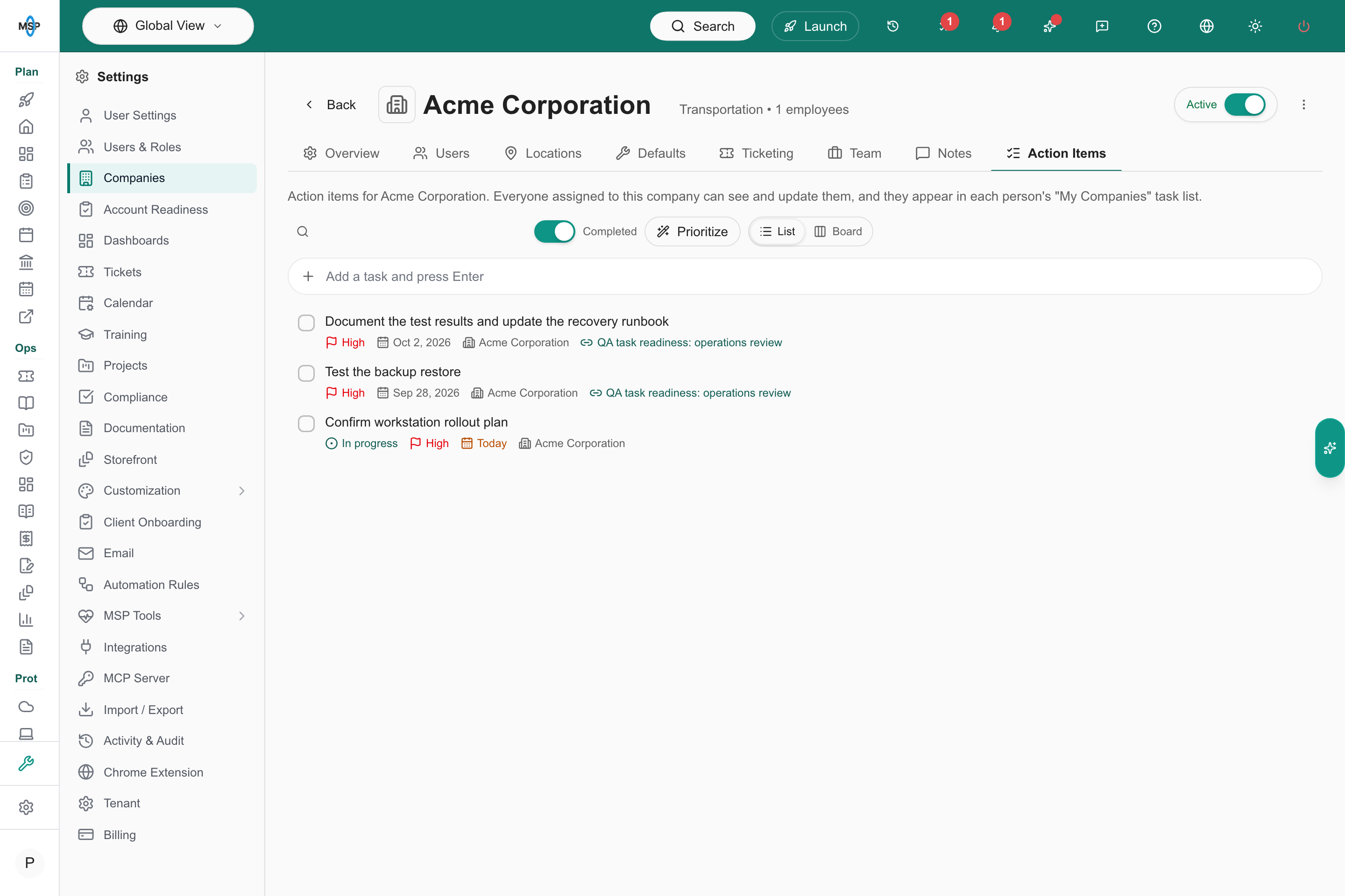 Action Items tab within Acme Corporation company settings