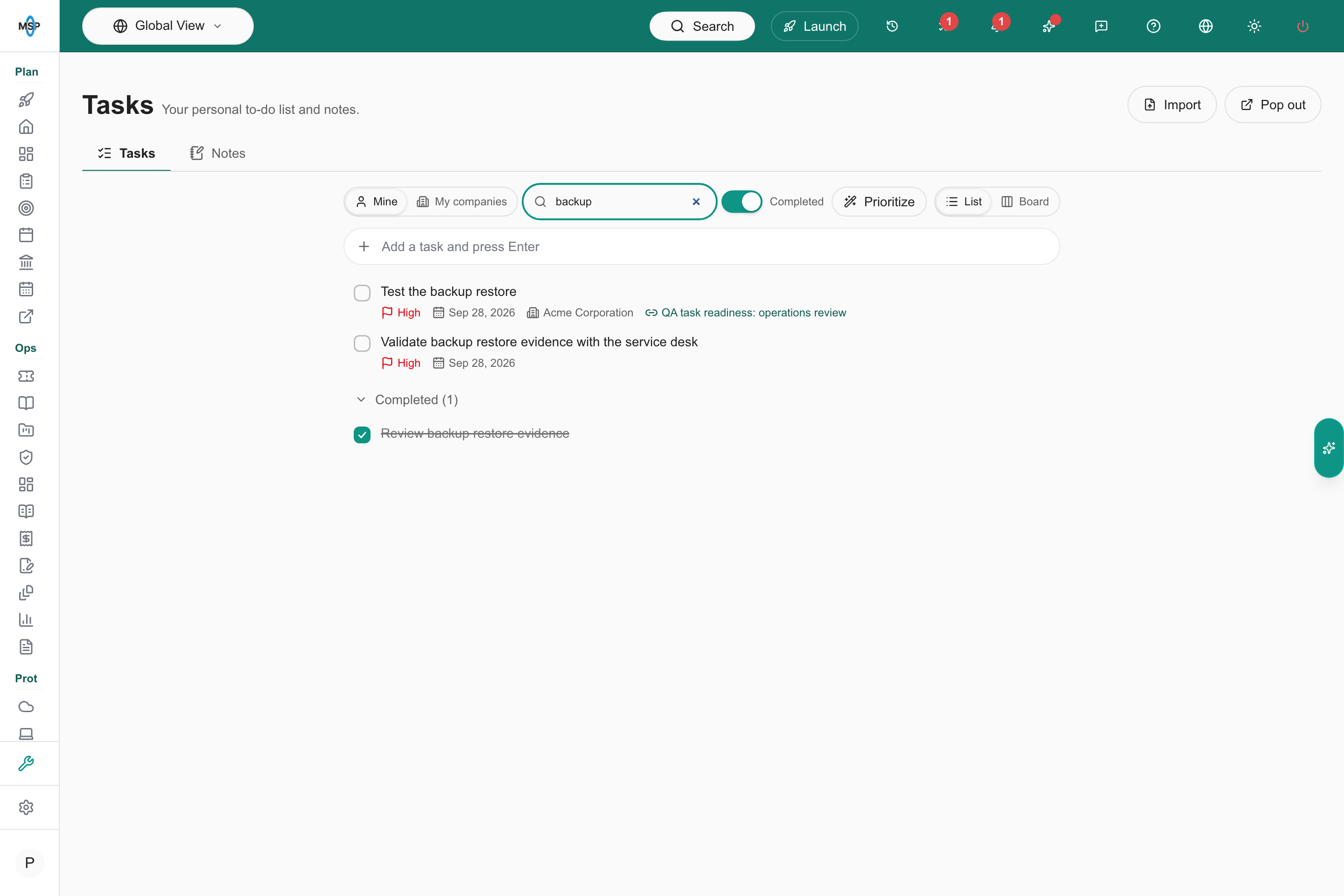 Completed section below the open task list