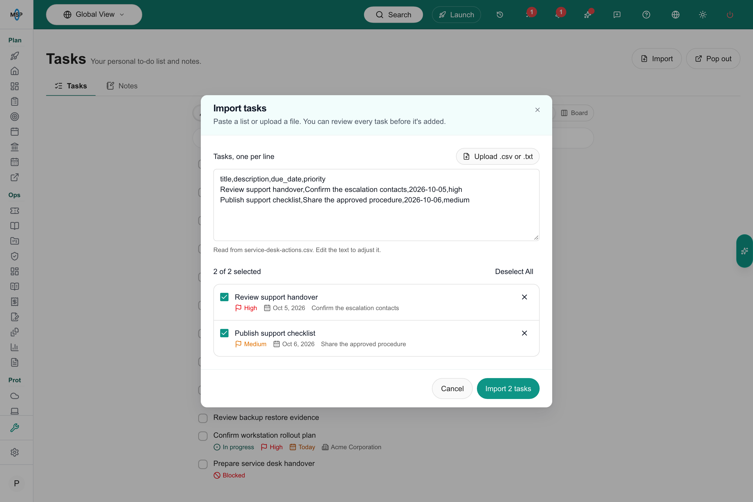 CSV tasks preview showing titles, descriptions, dates, priorities and selection controls