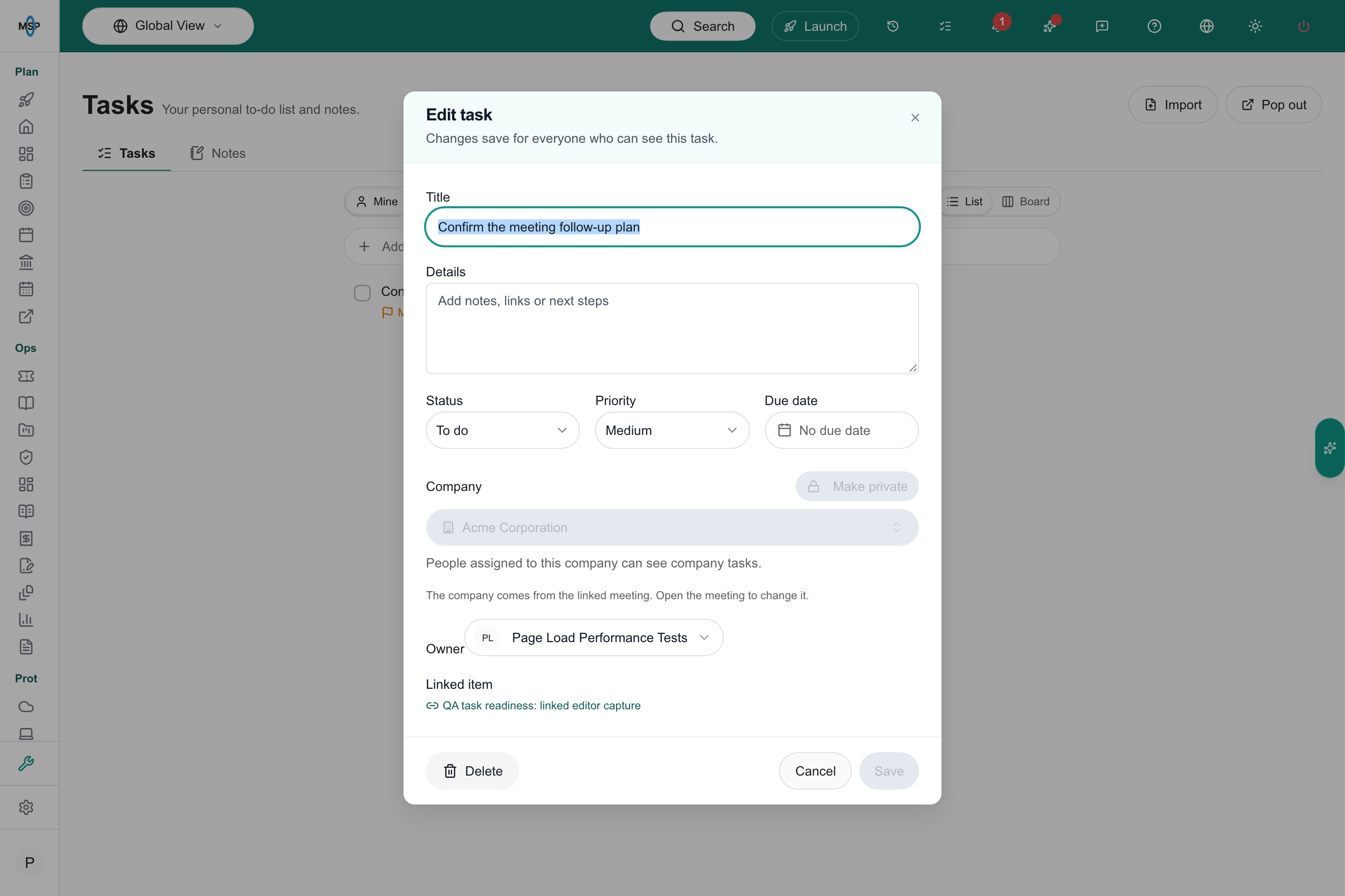 Linked task editor explains that the company comes from its meeting
