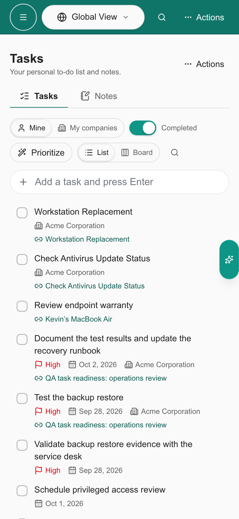 Tasks on a narrow mobile screen