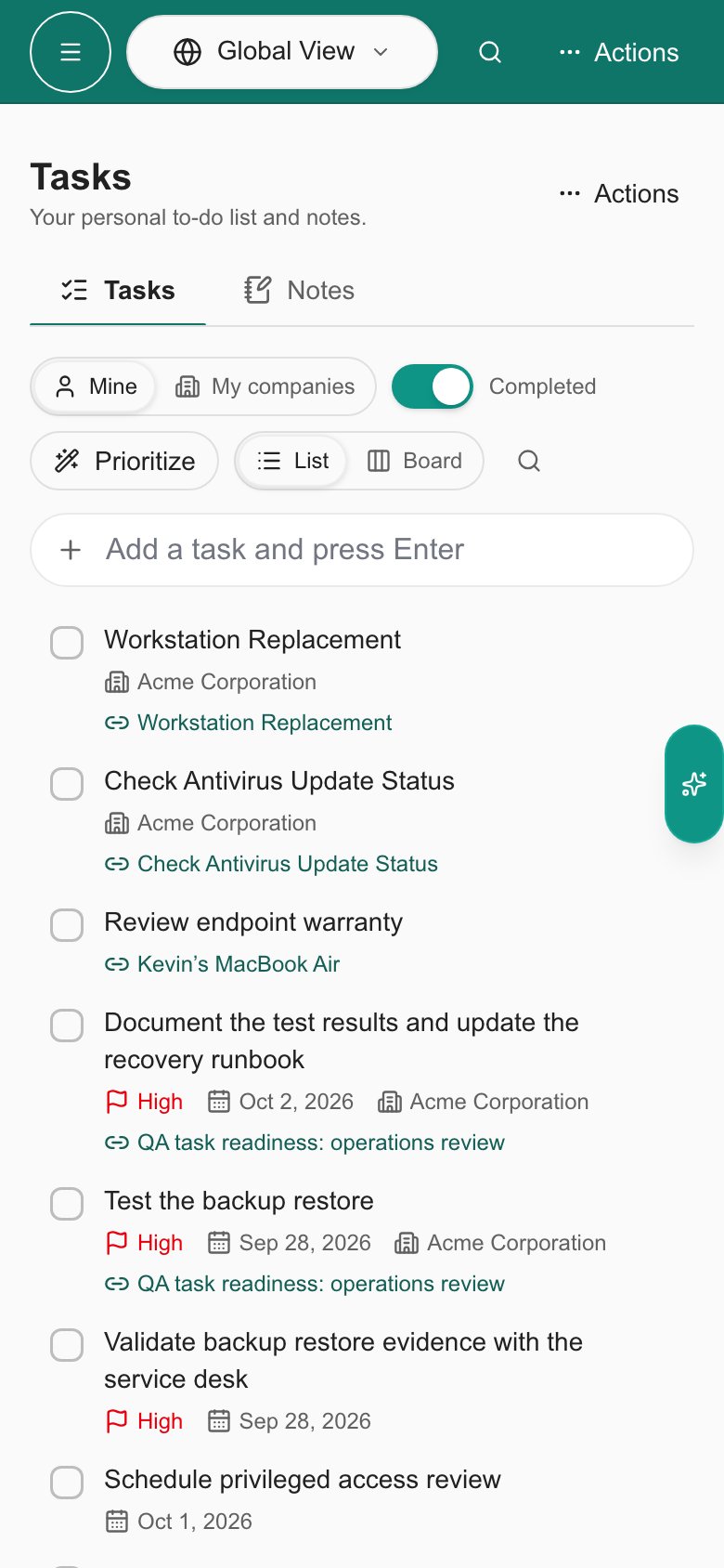 Tasks on a narrow mobile screen