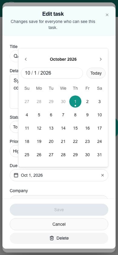 Full task calendar above the date field on a phone