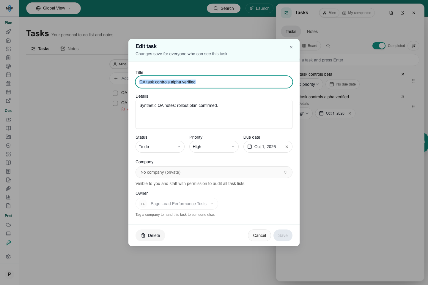 Task editor with Owner above its picker, notes, status, priority and date