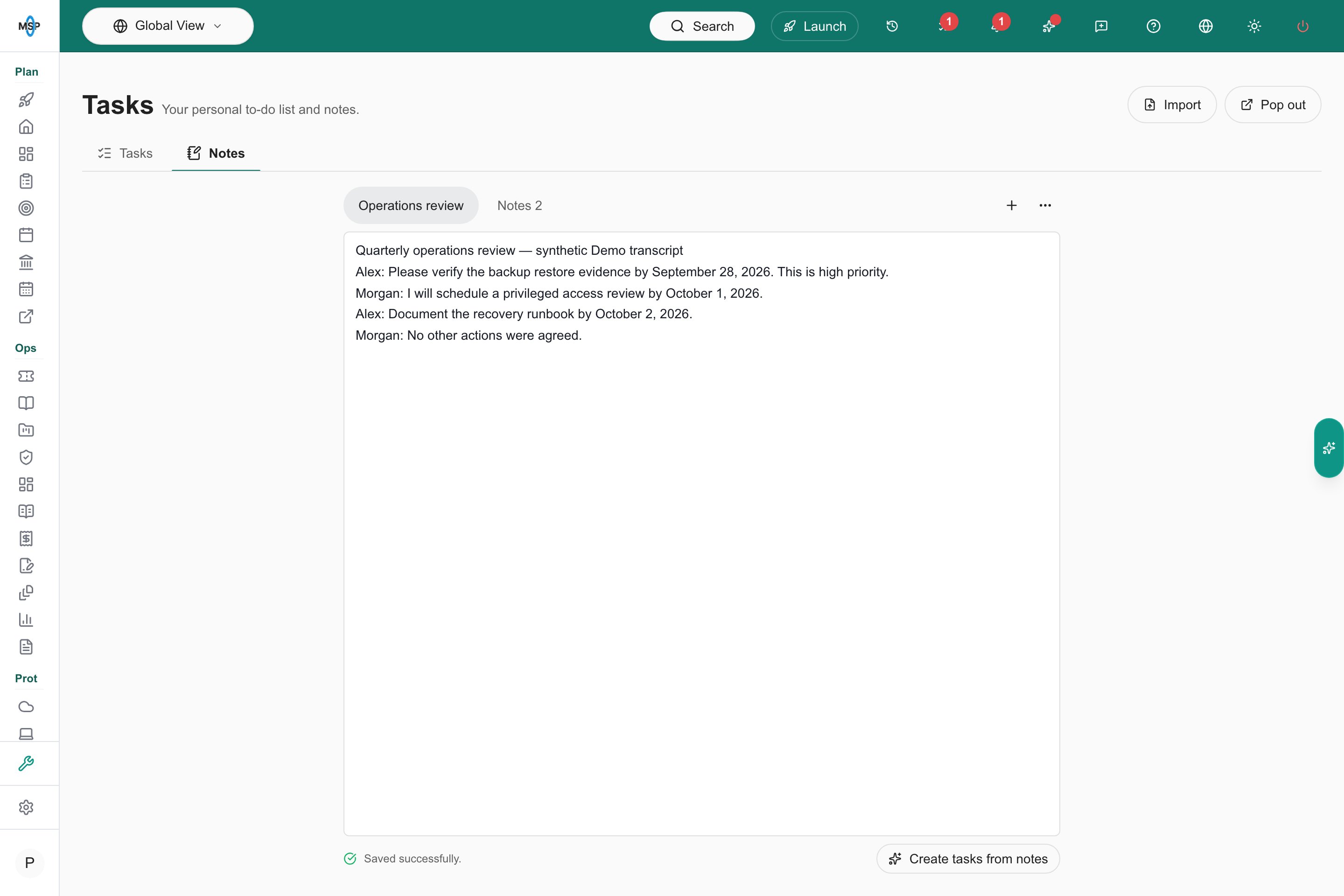 Named working-note tabs with autosave status and Create tasks from notes action