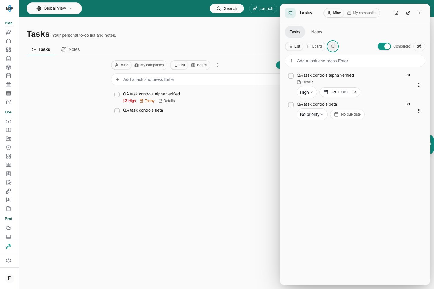 Tasks side panel with header scopes, inline priority and date controls, notes indicators and detail buttons
