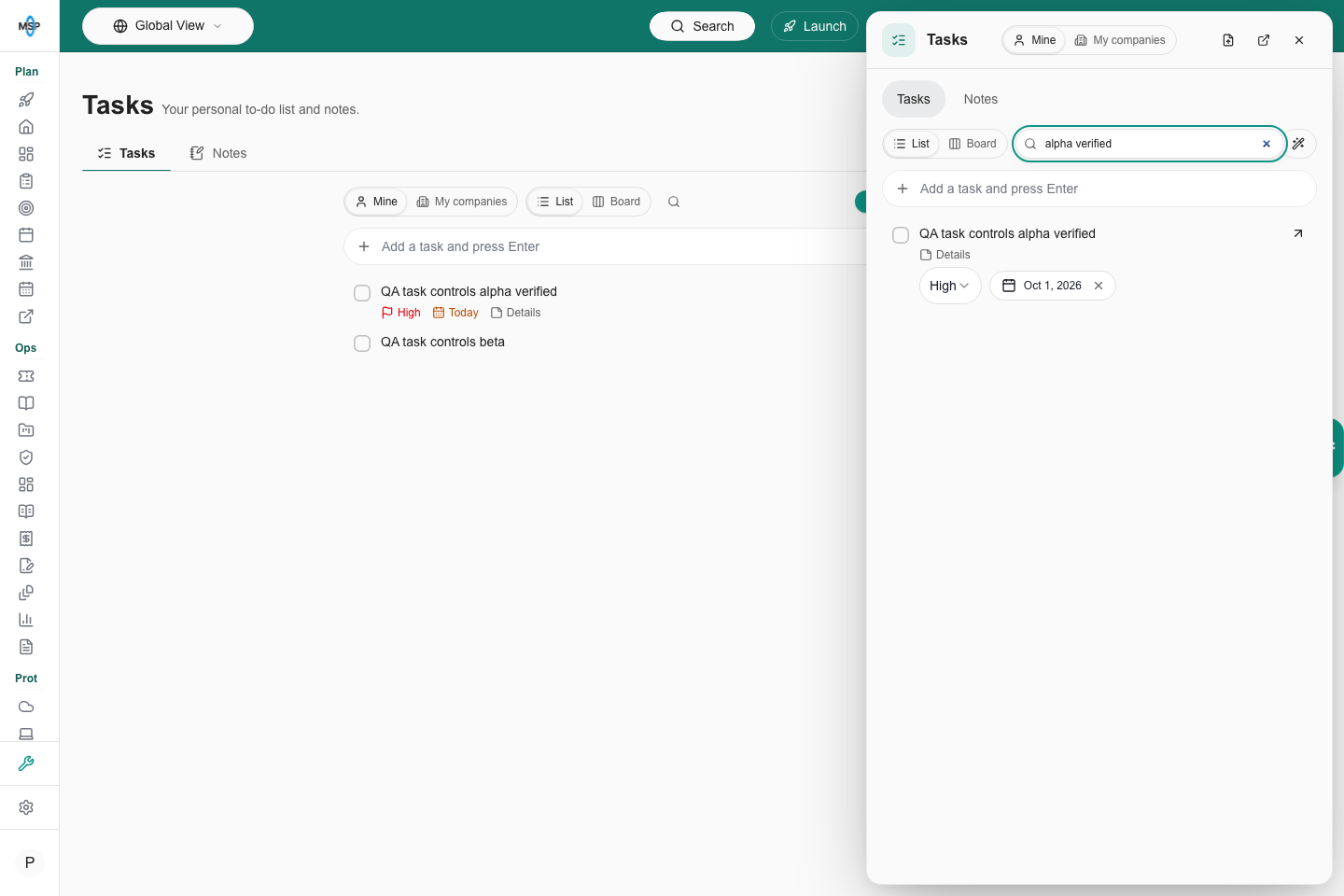 Expanded task search field floating over the narrow toolbar