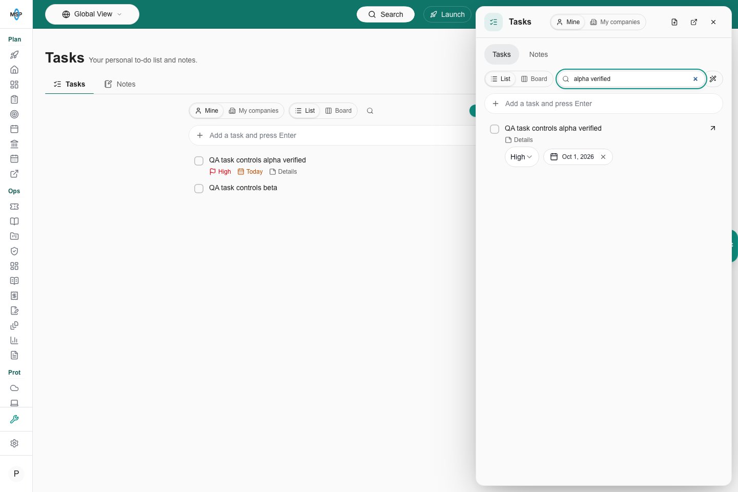 Expanded task search field floating over the narrow toolbar