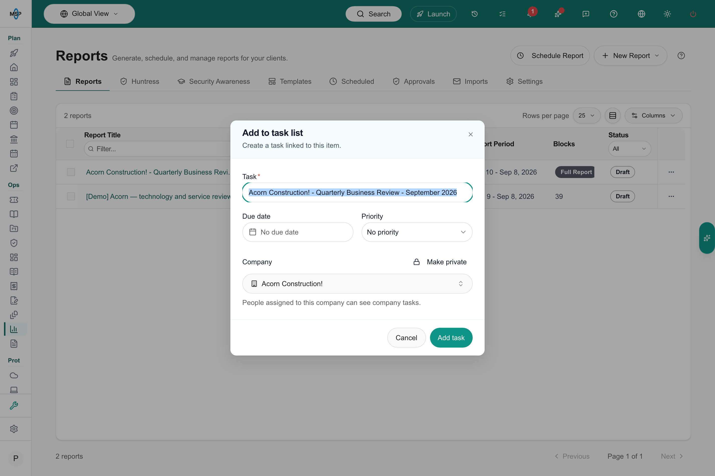 Add to task list dialog opened for a report