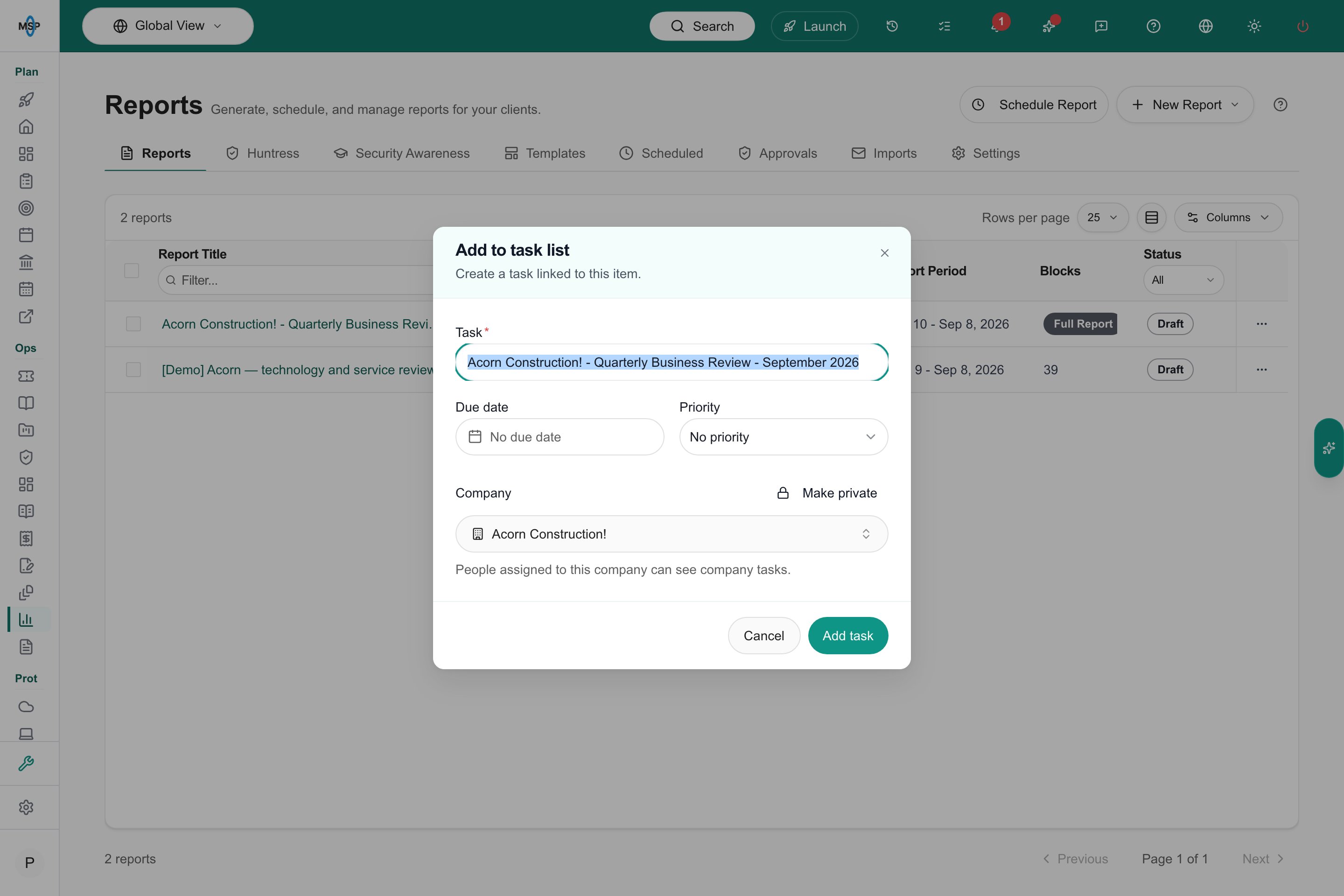Add to task list dialog opened for a report