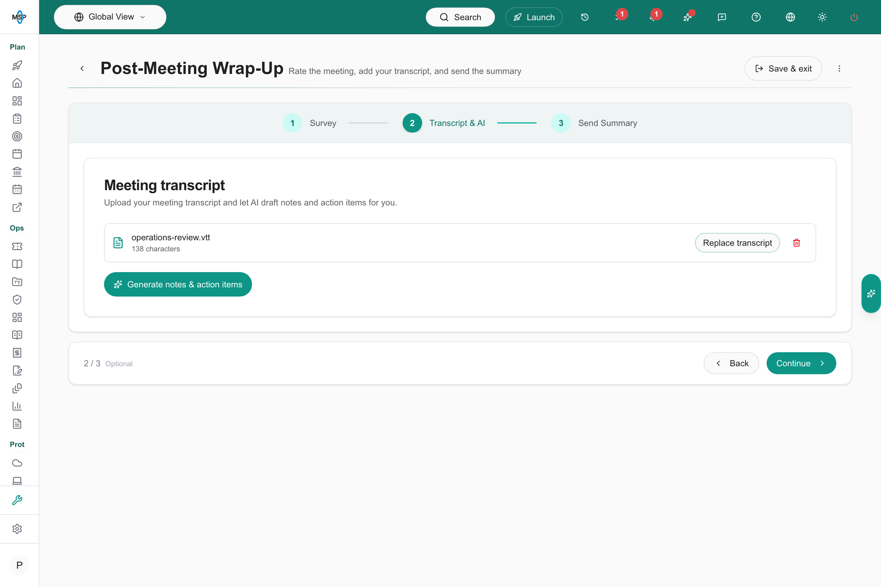 Meeting wrap-up with uploaded transcript and Generate control