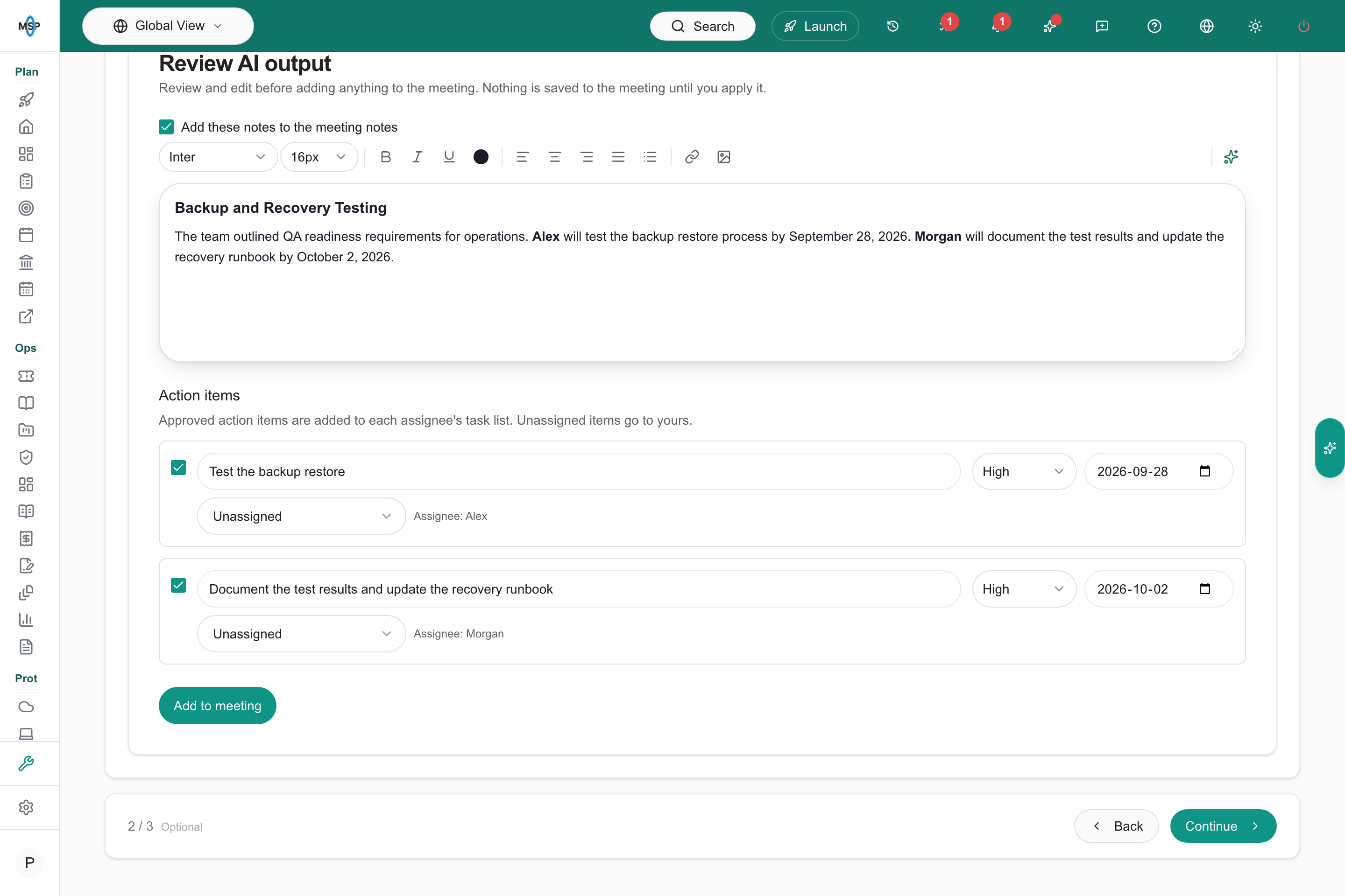Review notes, task titles, priorities, dates and assignees before Add to meeting
