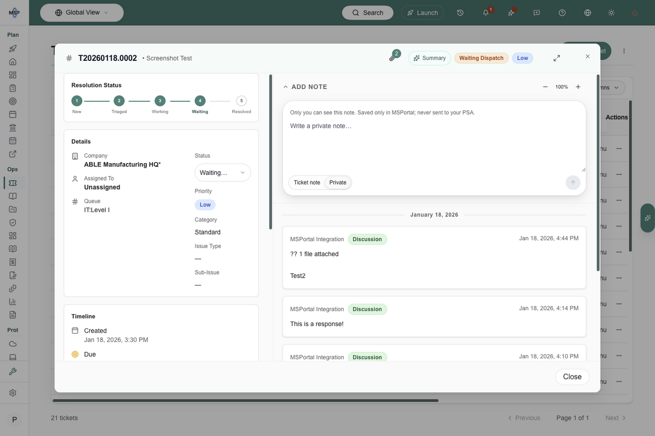 Ticket details window with the Add Note composer, Ticket note and Private selector, and a Summary button in the header
