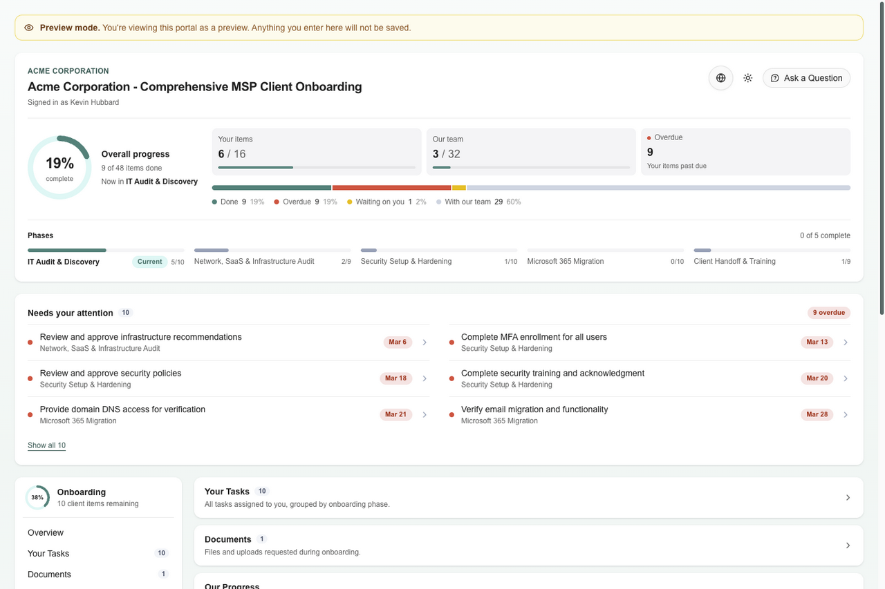 Client onboarding portal with overall progress, your items and our team counts, phase progress, and a Needs your attention list