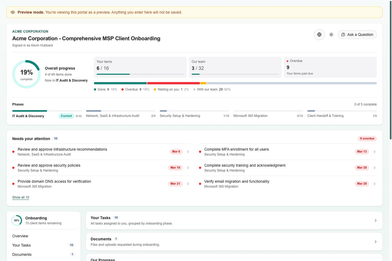 Client onboarding portal with overall progress, your items and our team counts, phase progress, and a Needs your attention list