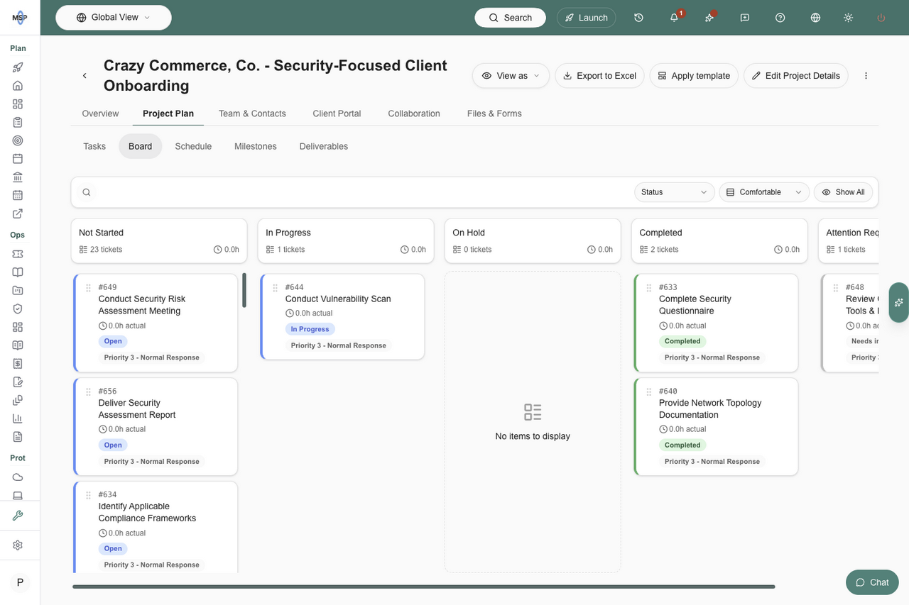 Project Plan with Board selected beneath the workspace sections and ticket status columns