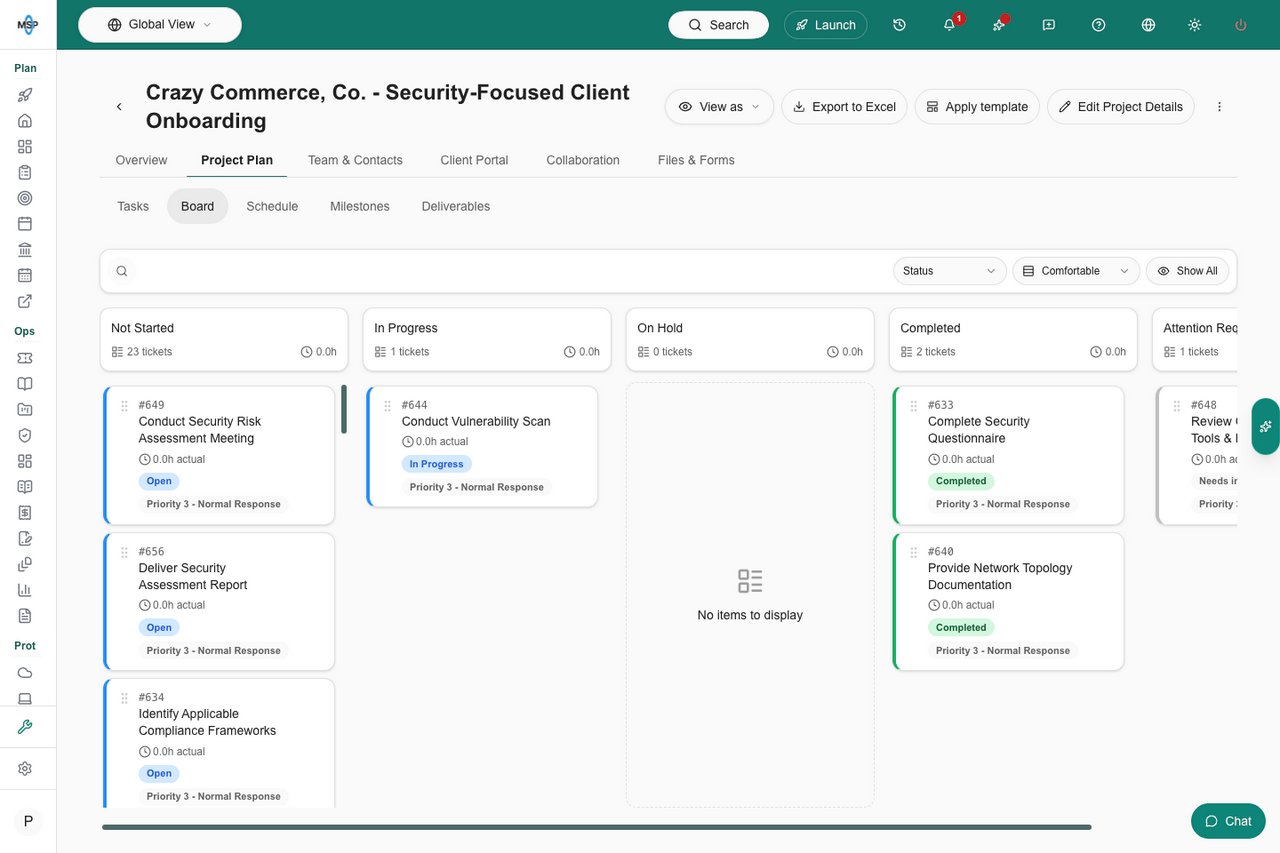 Project Plan with Board selected beneath the workspace sections and ticket status columns