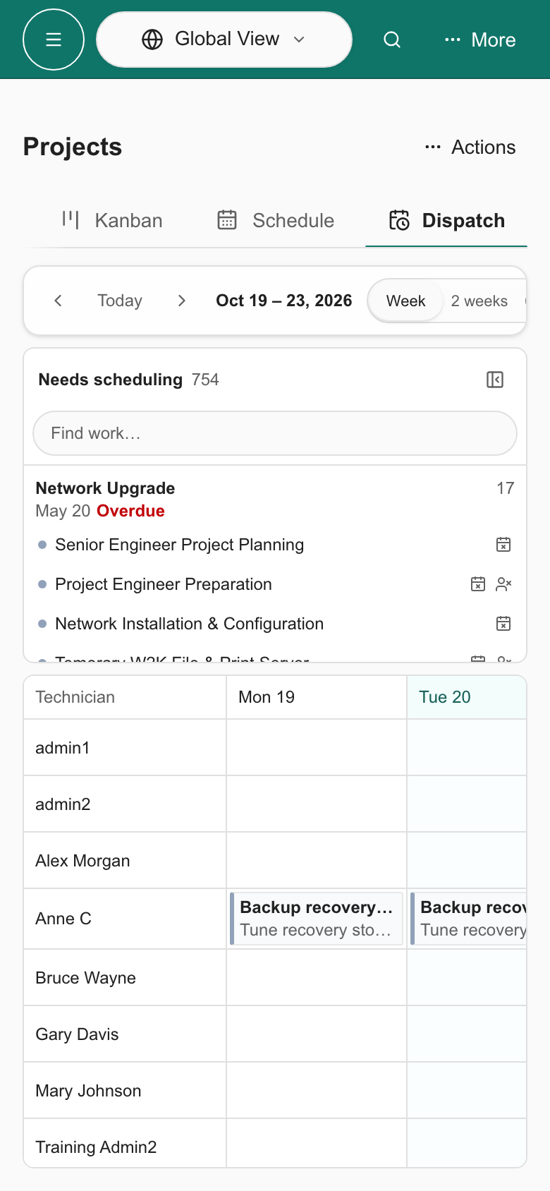 Phone view of the Dispatch tab with the toolbar, the Needs scheduling queue above the board, and technician rows below