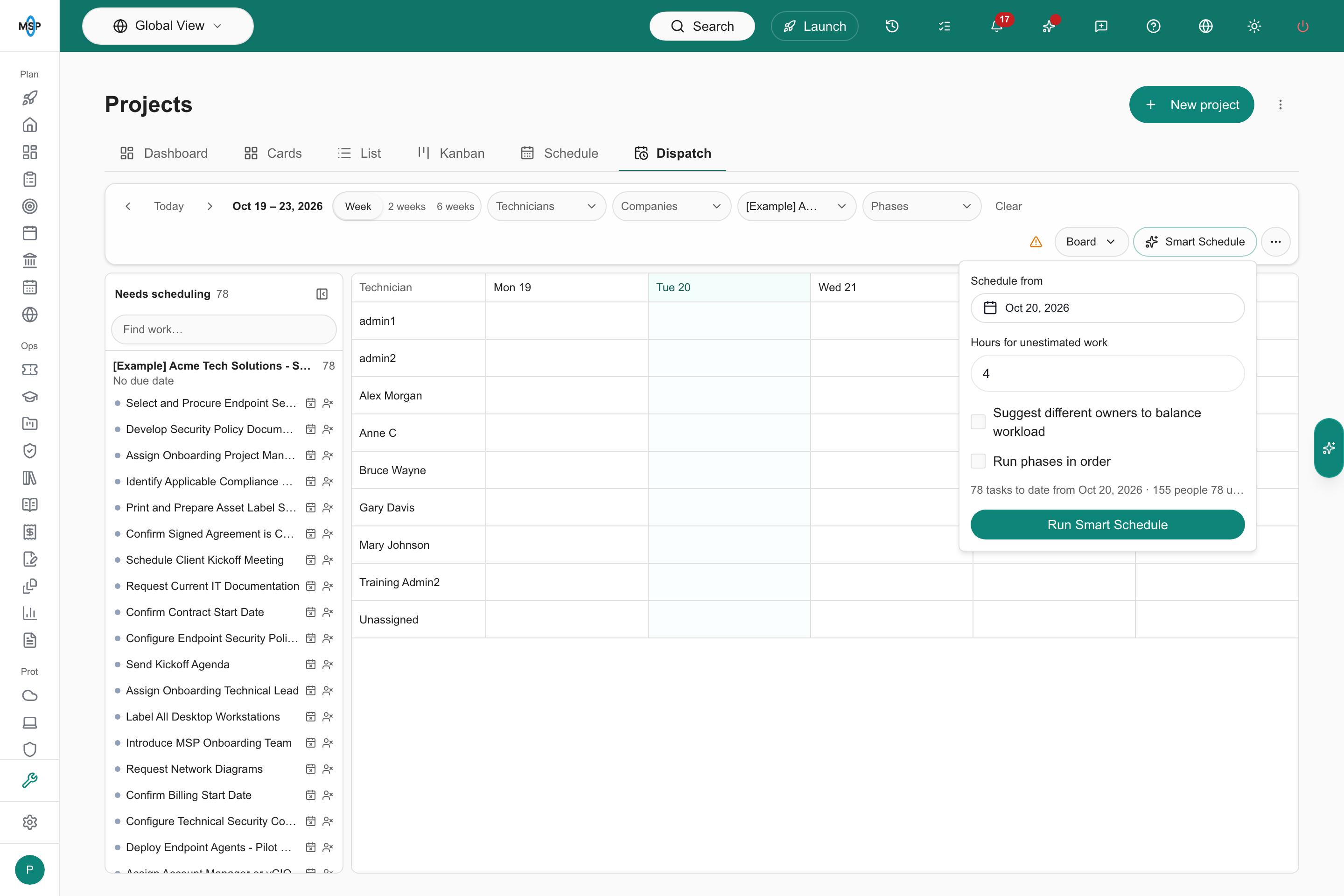 Smart Schedule popover showing Schedule from, Hours for unestimated work, two checkboxes, a summary line and the Run Smart Schedule button