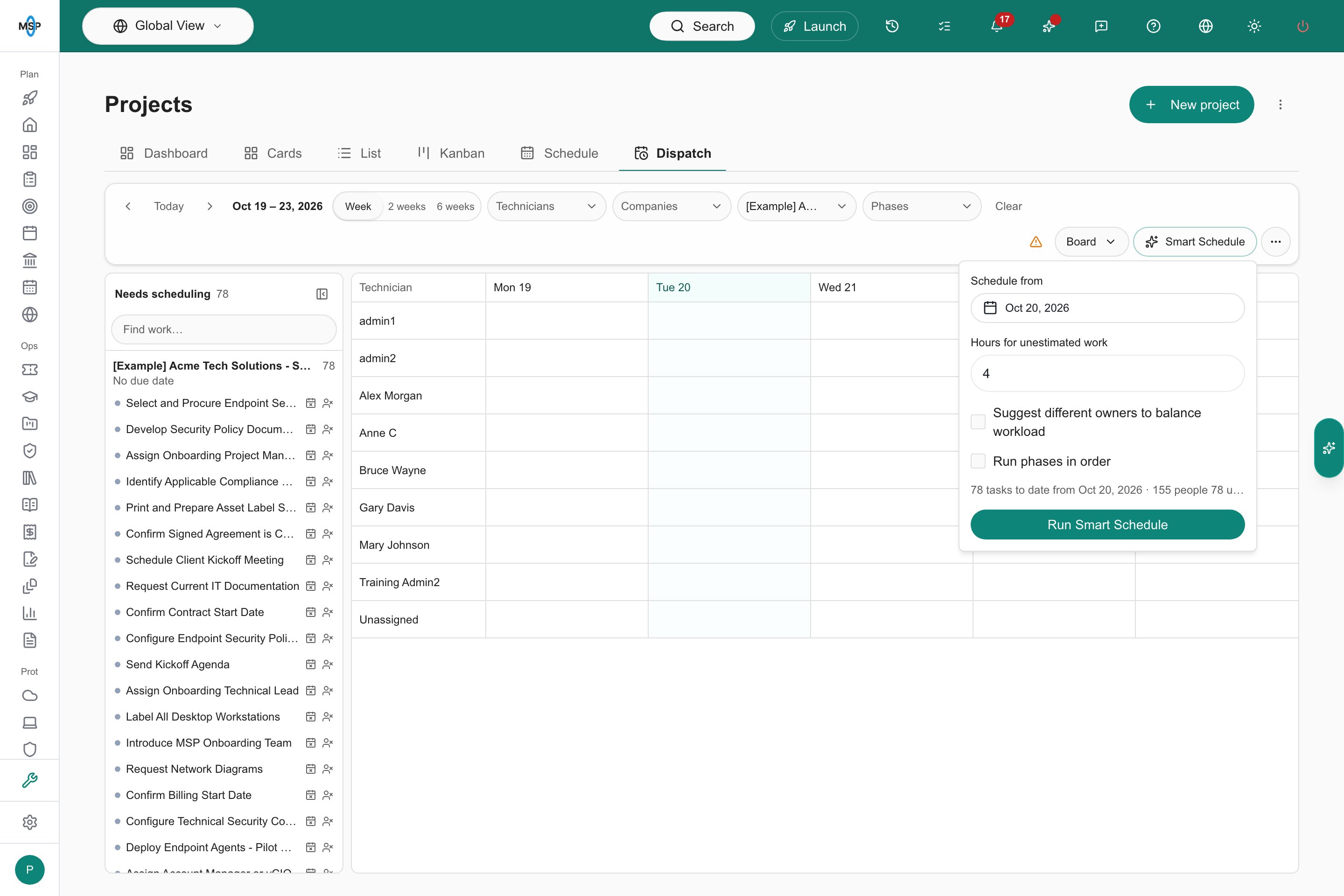 Smart Schedule popover showing Schedule from, Hours for unestimated work, two checkboxes, a summary line and the Run Smart Schedule button