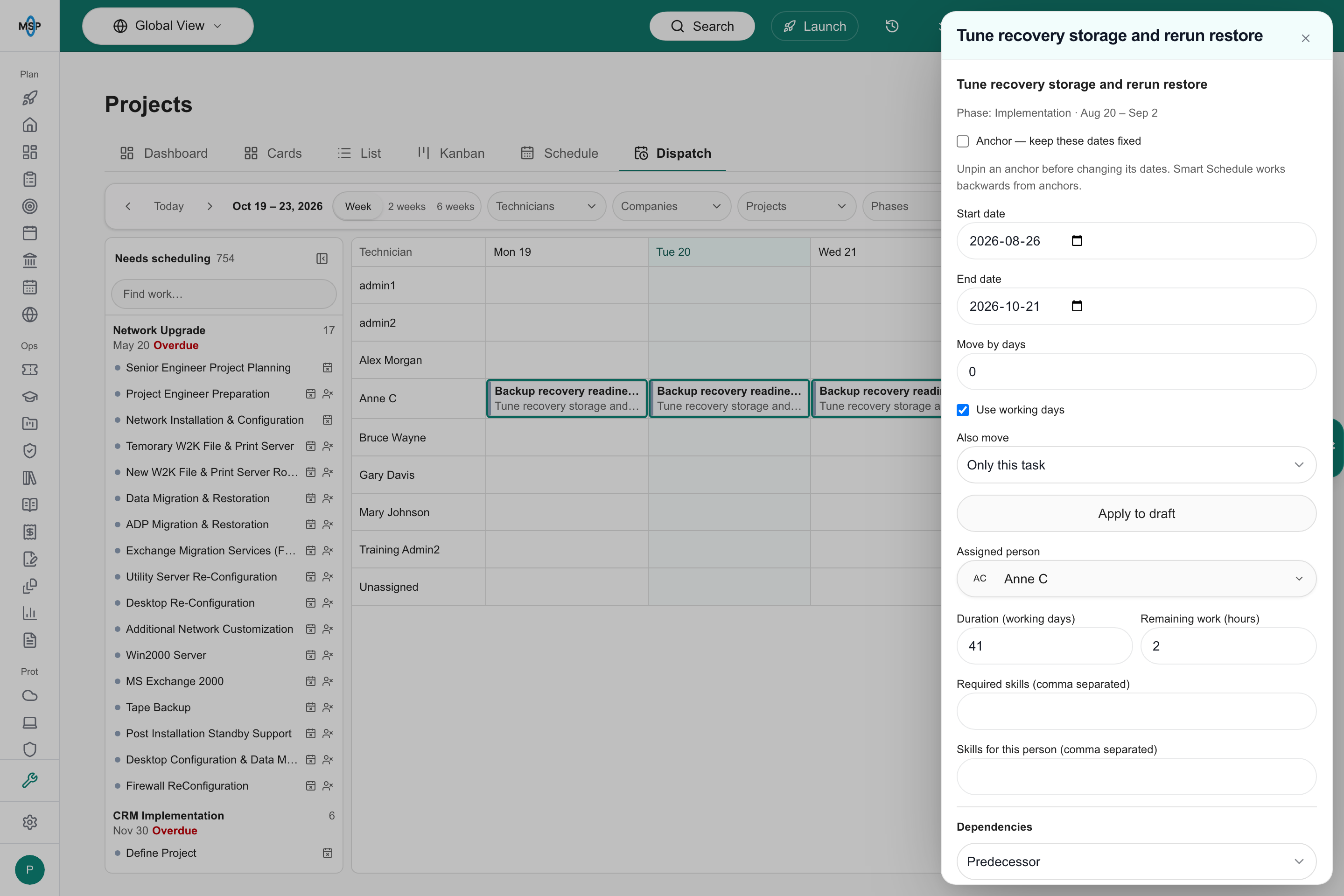 Dispatch page with a task open in the side sheet showing its dates, assigned person, duration and dependencies