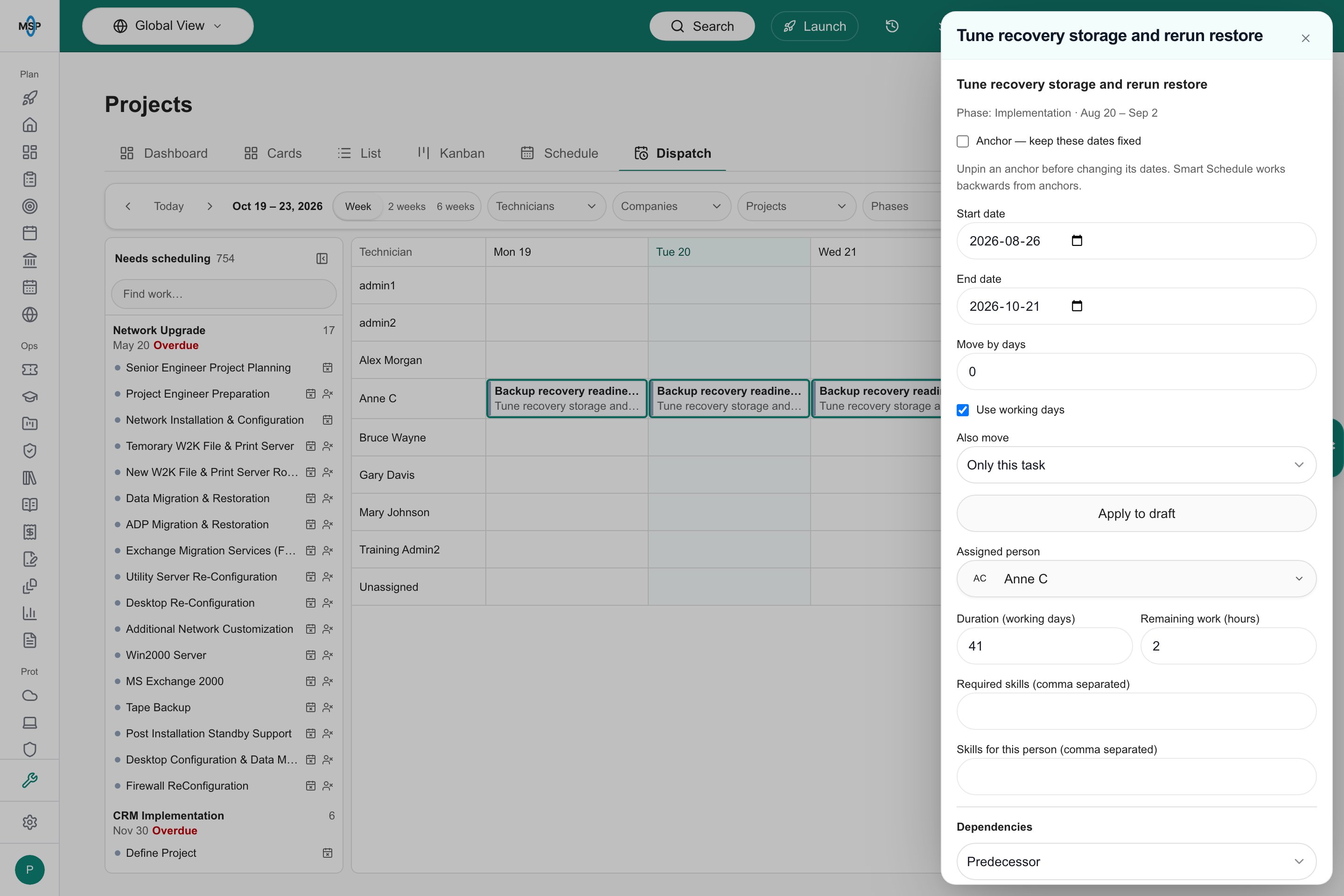 Dispatch page with a task open in the side sheet showing its dates, assigned person, duration and dependencies